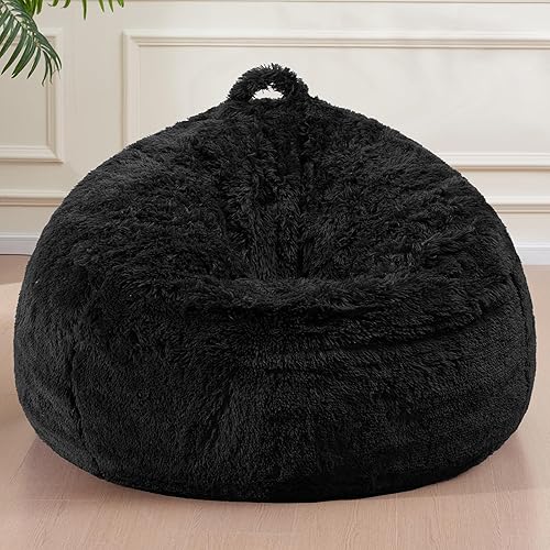 Bean Bag Cover (No Filler), Soft Faux Fur Stuffed Animal Storage Covers Only, Fluffy Plush Bean Bag Chair Cover Washable, Comfy Bean Bag Covers for Adults Kids Teens, Bing Bag Chairs Cover - L For Adult - Black (Cover Only)