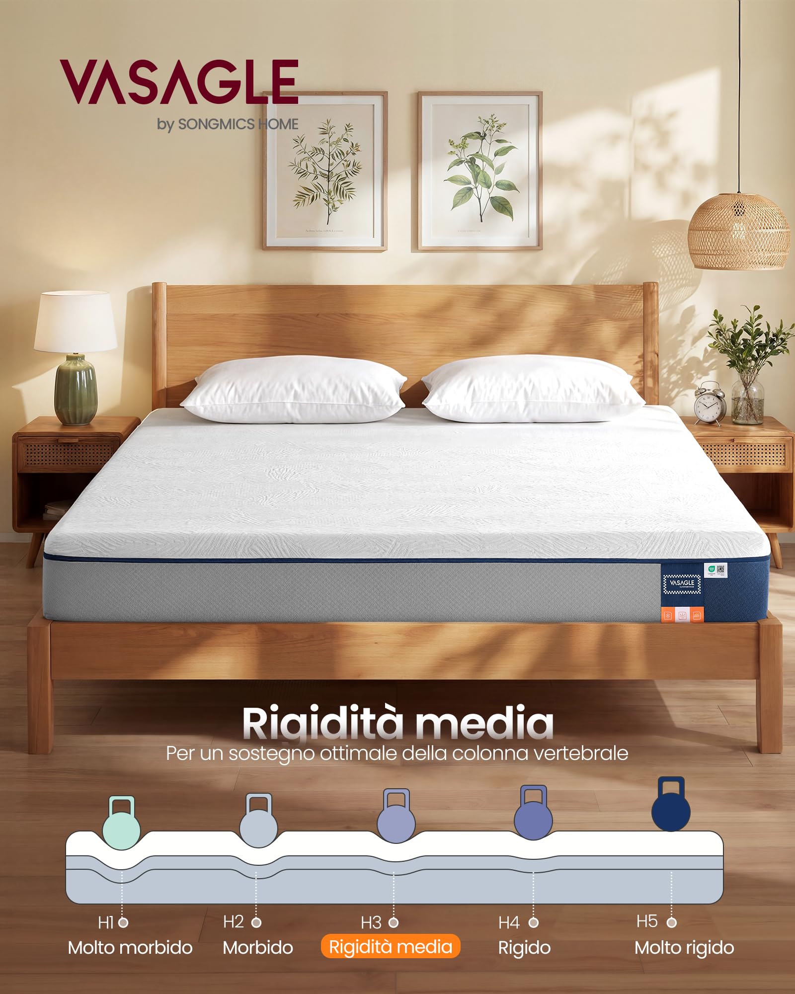 VASAGLE Materasso 160 x 190 cm, Materasso Matrimoniale, Memory Foam con Gel, Rigidità Media, 7 Zone, Rivestimento Traspirante Rimovibile e Lavabile in Lavatrice, 20 cm di Spessore, Blu RMZ129QZ01