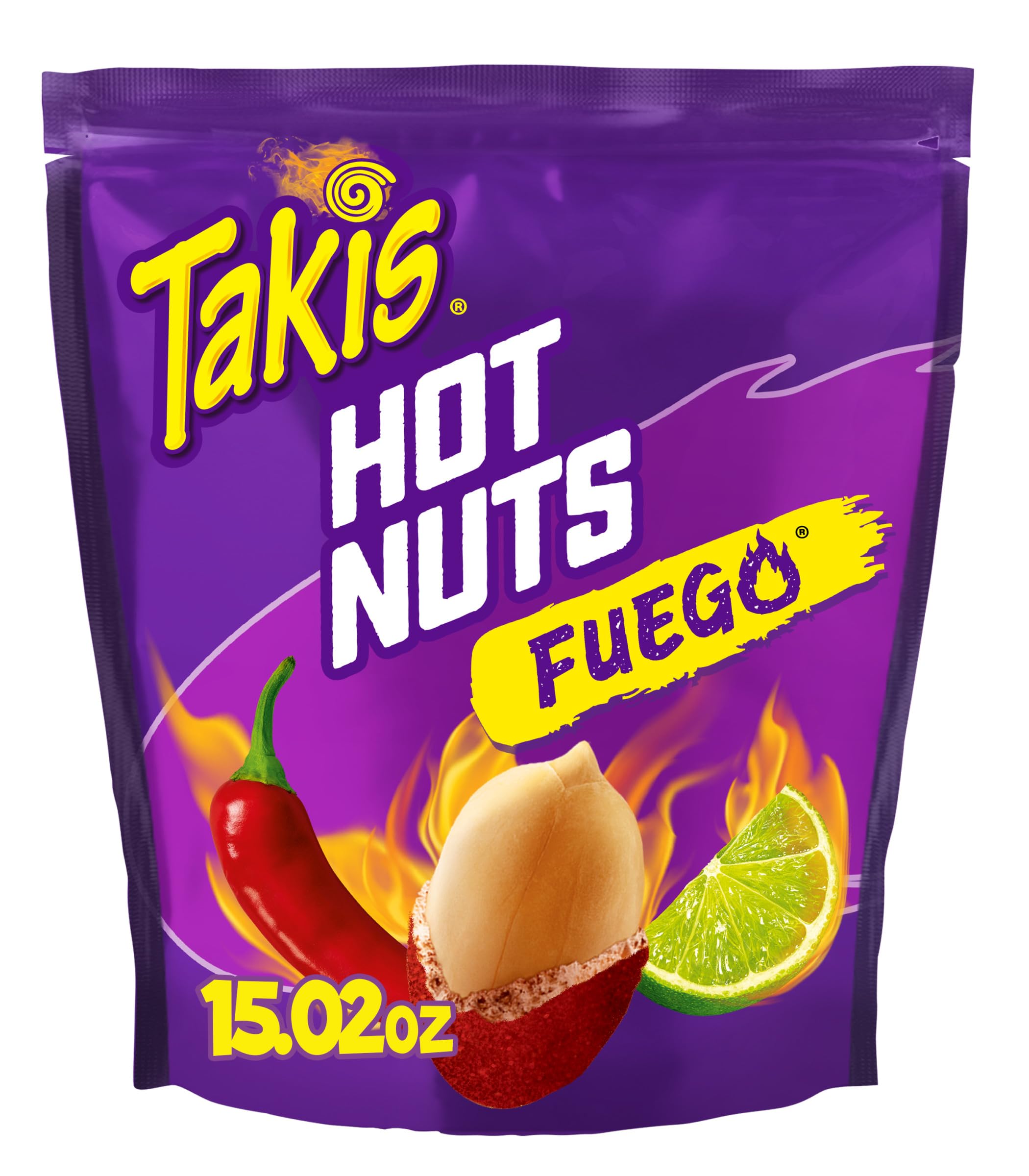 Takis Fuego Hot Nuts 15.02 oz Sharing Size Resealable Bag, Hot Chili Pepper & Lime Flavored Extreme Spicy Double-Crunch Peanuts