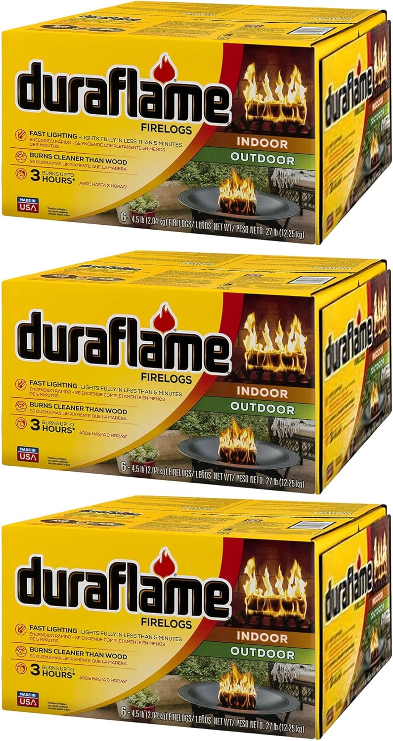 Three Duraflame fire log boxes stacked, showing 'Indoor Outdoor' and '3 Hours' burn time.