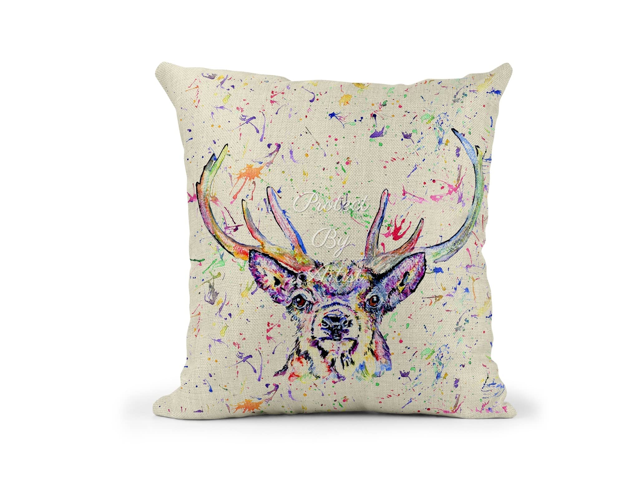 Vixar Multicolor Stag Watercolour Rainbow Wildlife Linnen Cushion With Filling Or Cover Only, 40X40cm, Gift, Christmas, Birthday (Cover Only) (Cover Only)