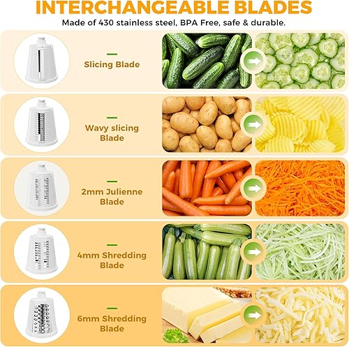 Miniatura 4 de Rallador de queso giratorio 7 en 1 mejorado con asa, triturador de verduras con ranura de almacenamiento incorporada, 5 cuchillas versátiles, base