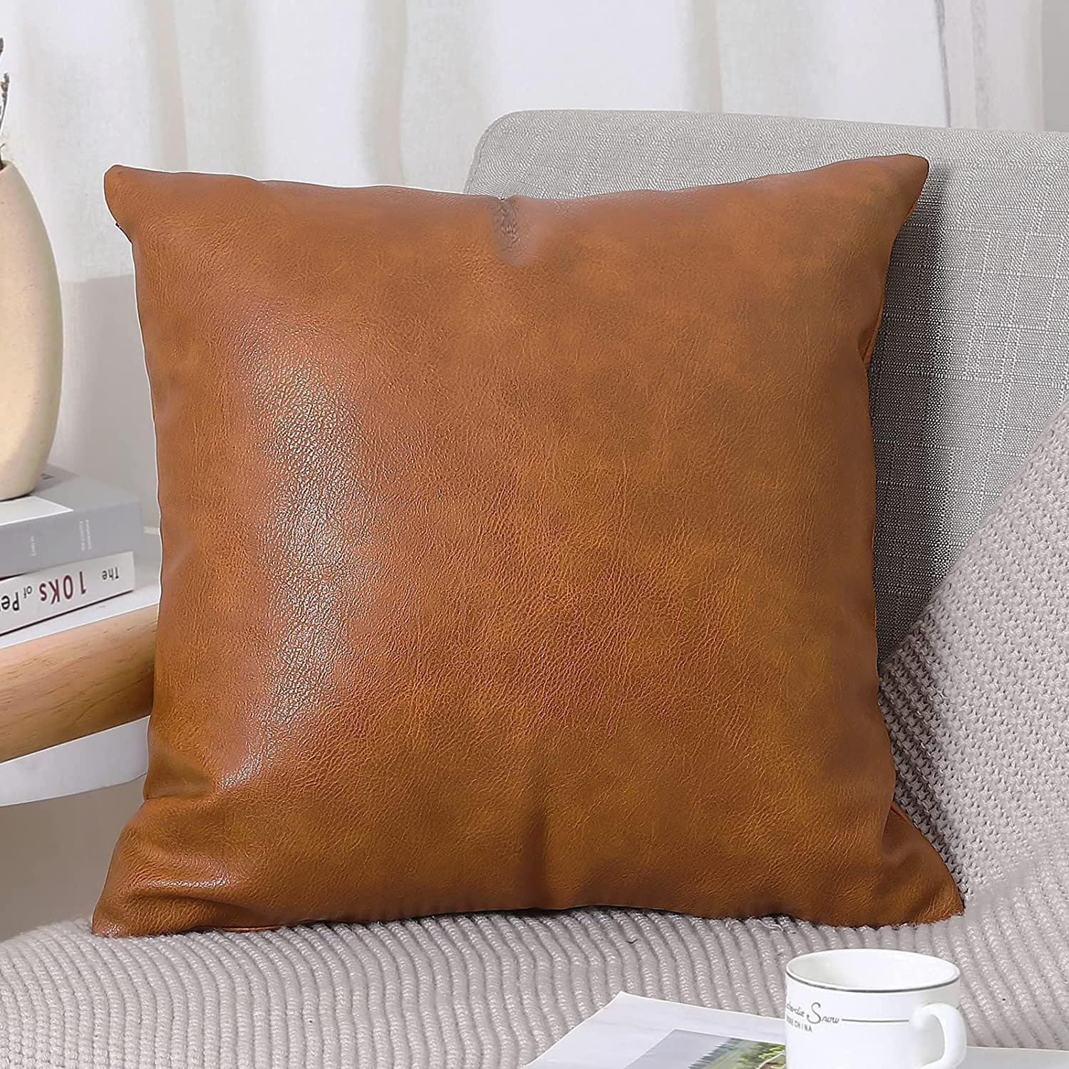 Yaertun Set of 2 Faux Leather Decorative Throw Pillow Covers Modern Solid Outdoor Cushion Cases Luxury Pillowcases for Couch Sofa Bed 14x14 Inches Brown
