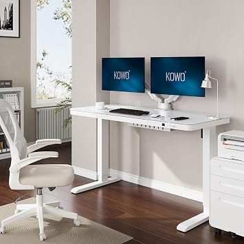 kowo Glass Electric Standing Desk, 120x60cm, Tempered Glass Top with Metal Drawer & USB-C Hub, Height Adjustable 73-118cm, Sit Stand Home Office Desk, White