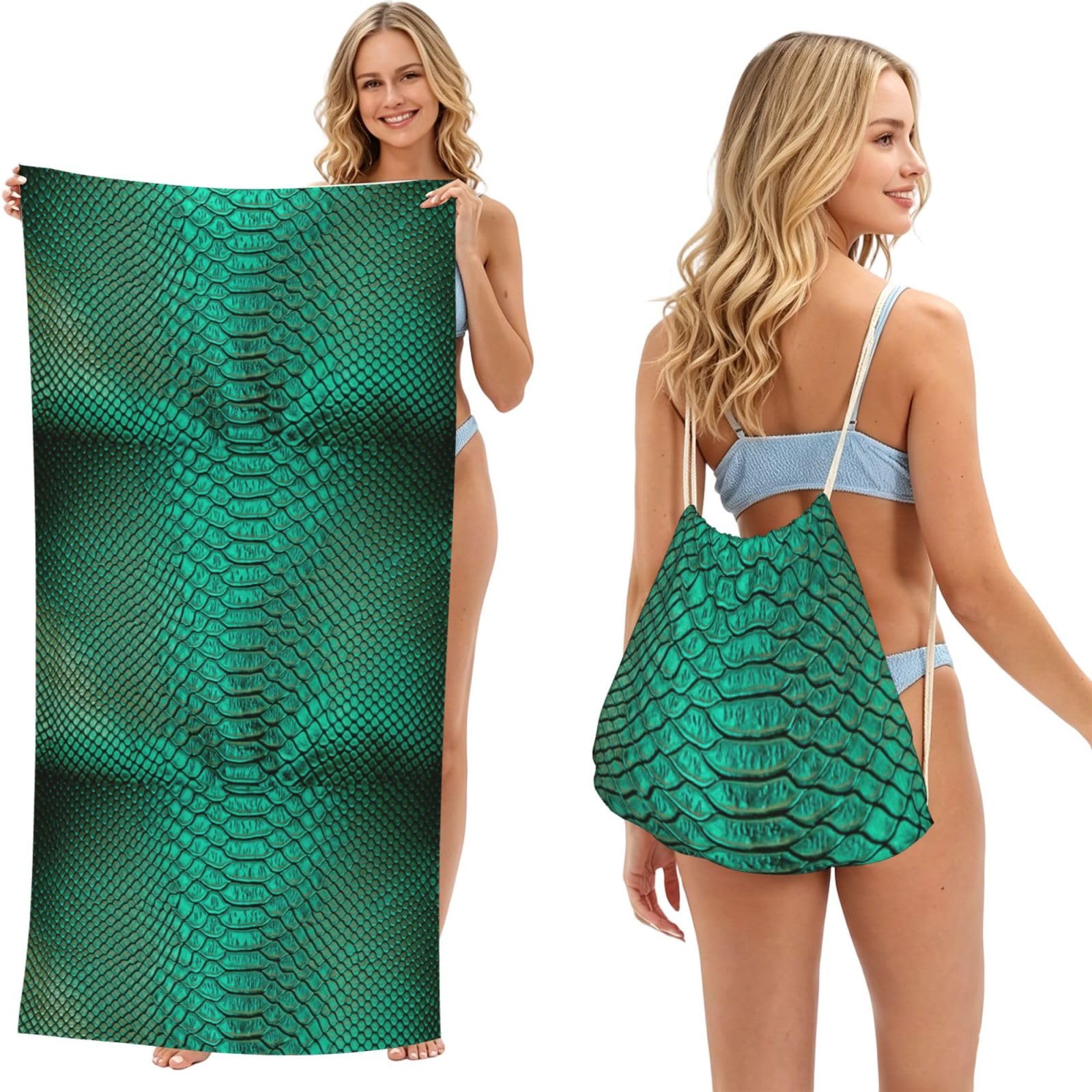 Poadnly As Picture Green Snake Skin, 2 In 1 Packable Towel Bag, Beach Towels With Drawstring Backpack For Travel Holiday Camping