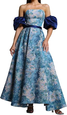BELLA BARNETT Floral Puff Sleeve Maxi Dress for Women Rikiny Womens Off Shoulder Formal Evening Gown for Prom Wedding Guest