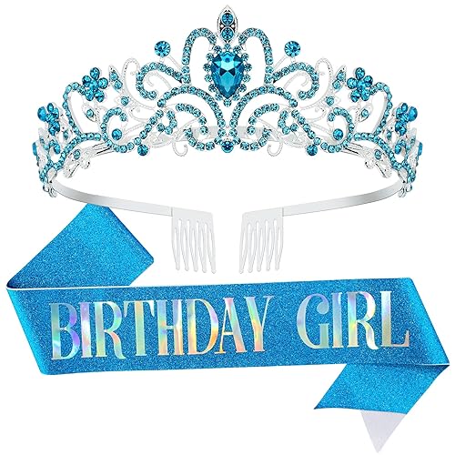 Miniatura 1 de Juego de banda y tiara de diamantes de imitación Birthday Girl banda de cumpleaños y tiara para mujer kit de decoración de cumpleaños con diamantes