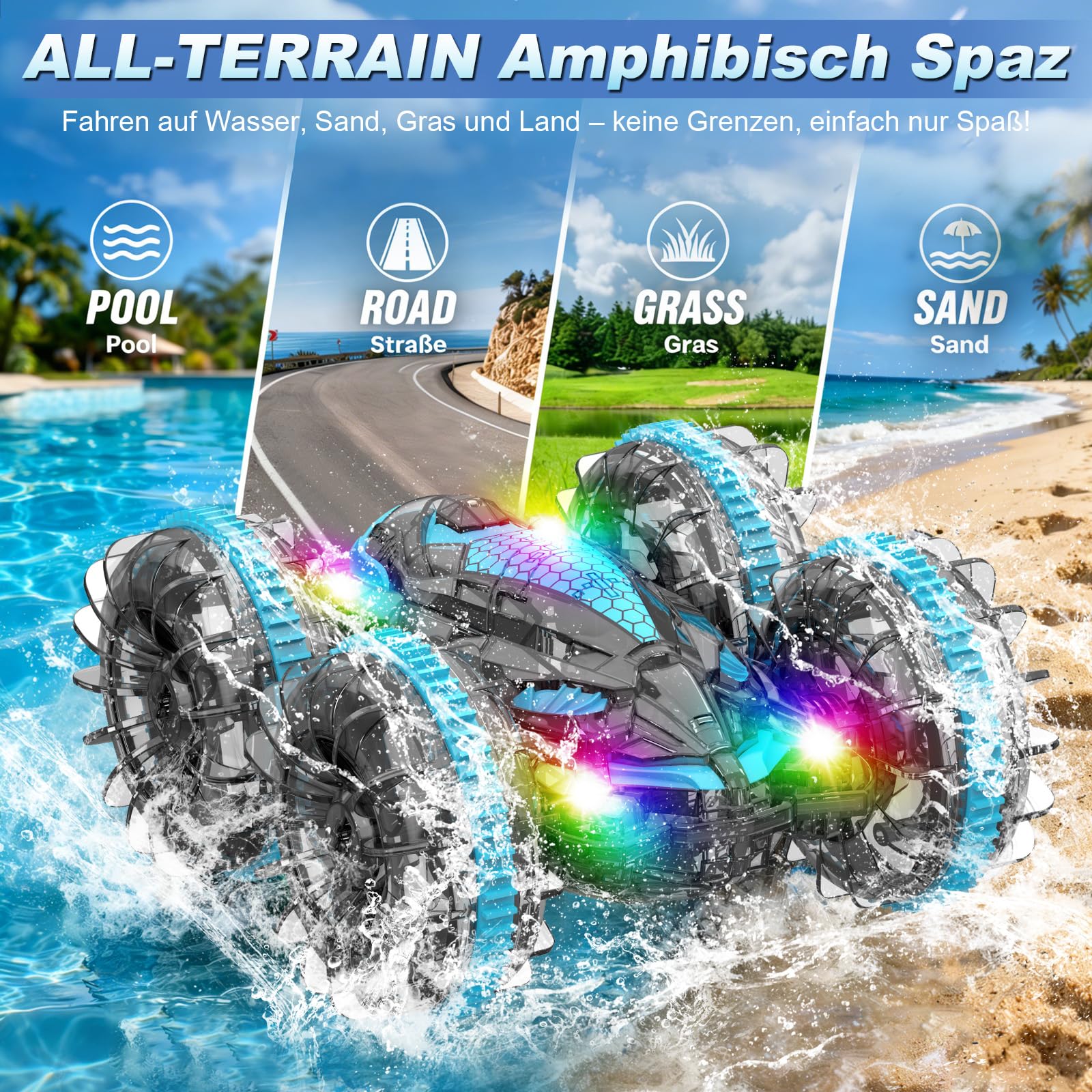 MidiVix Coche anfibio teledirigido, tiempo de juego de 90 minutos, 2,4 GHz, doble cara, giratorio 360°, con iluminación RGB, 4WD RC Auto Juguetes Regalos para niños 6-12 Gris Azul
