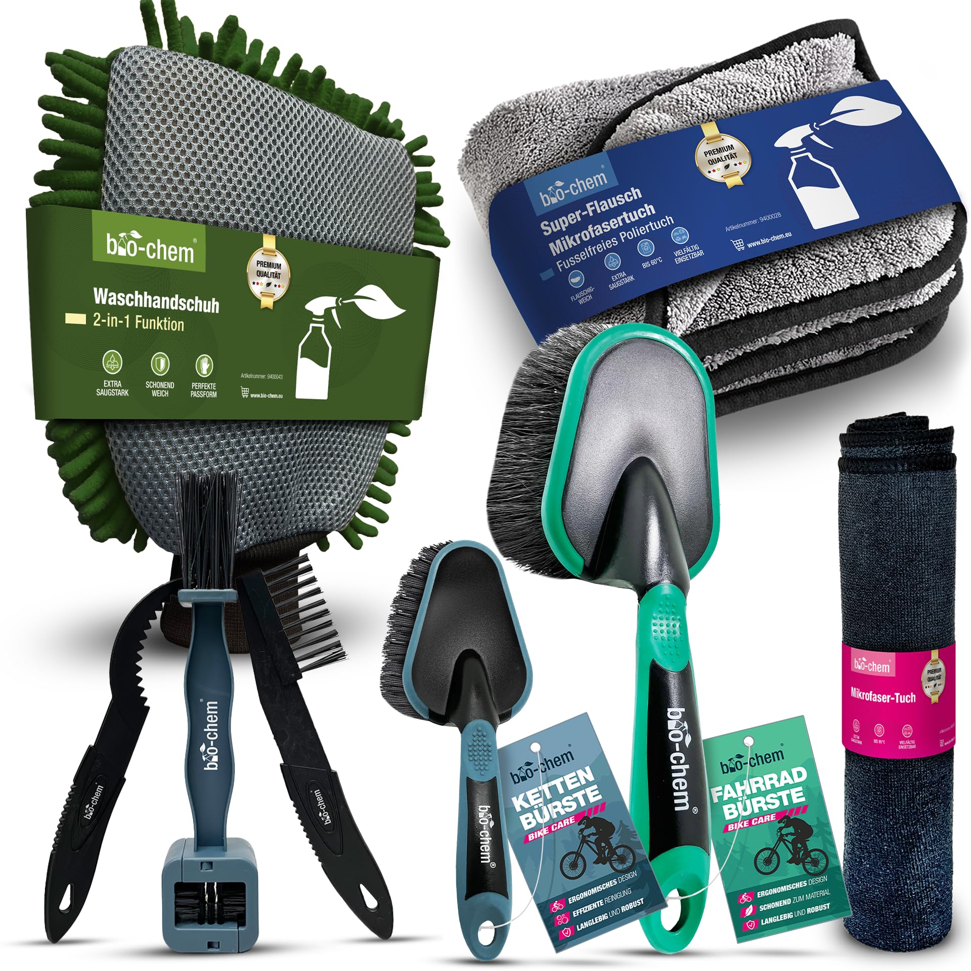 bio-chem Fahrrad Zubehör Set 8-teilig für Reinigung & Pflege | Mit Bürsten, Waschhandschuh & Tüchern für MTB, E-Bike, Rennrad und Citybike | Fahrradreinigung & Pflege