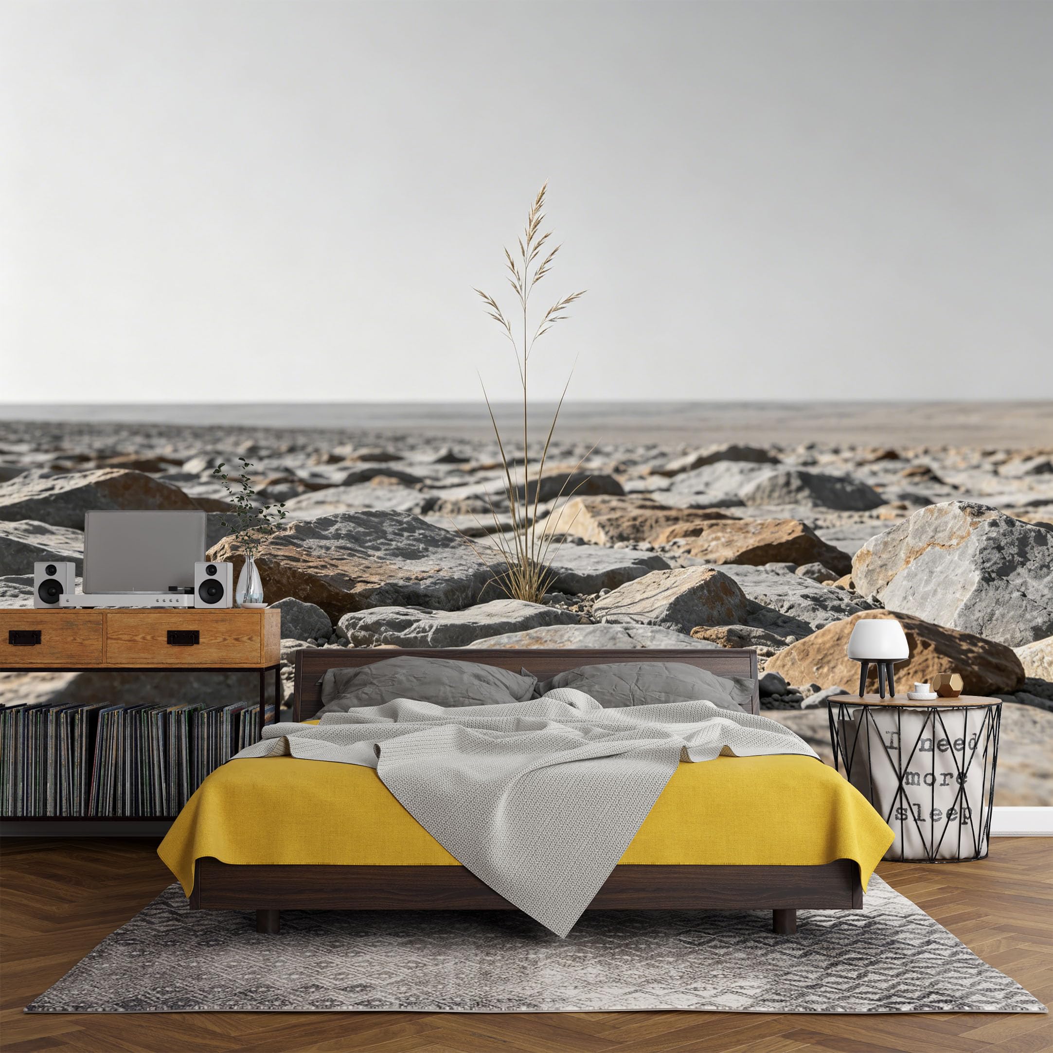 Custom Size Wall Mural， Minimalist Desert Rocks Dry Grasses Landscape，SelfAdhesive Art Prints wall Fabric(No PVC) Removable Wallpaper Living Room Decor