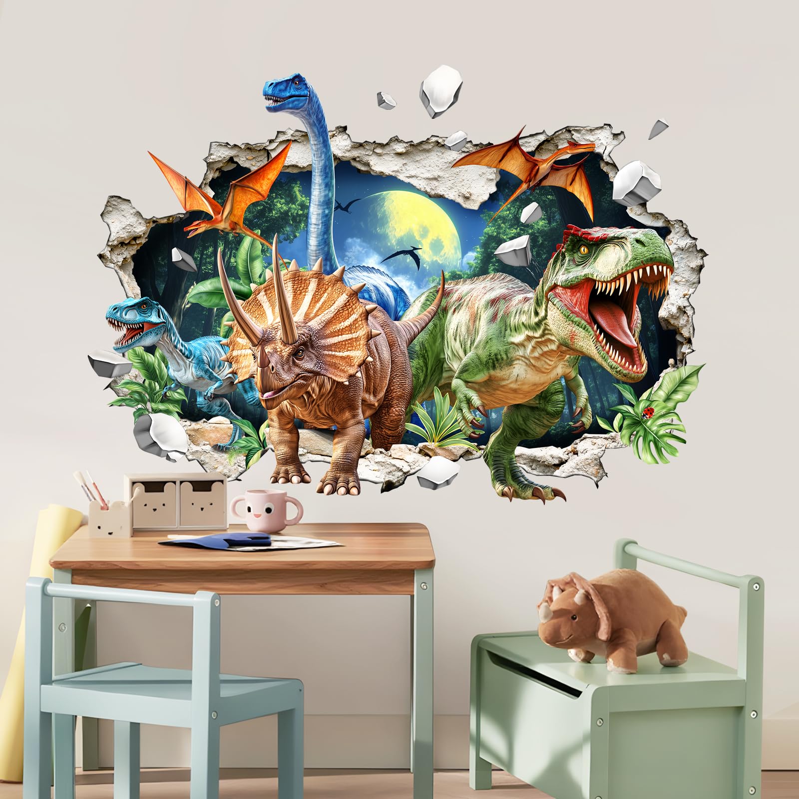Supzone 3D Adesivi Murali Dinosauri Bambini Grande Adesivi da Parete Tirannosauro Rex Decorazione Camera da letto Asili Camerette Bambini Sala Giochi Camera Ragazzi(78 x 118cm)
