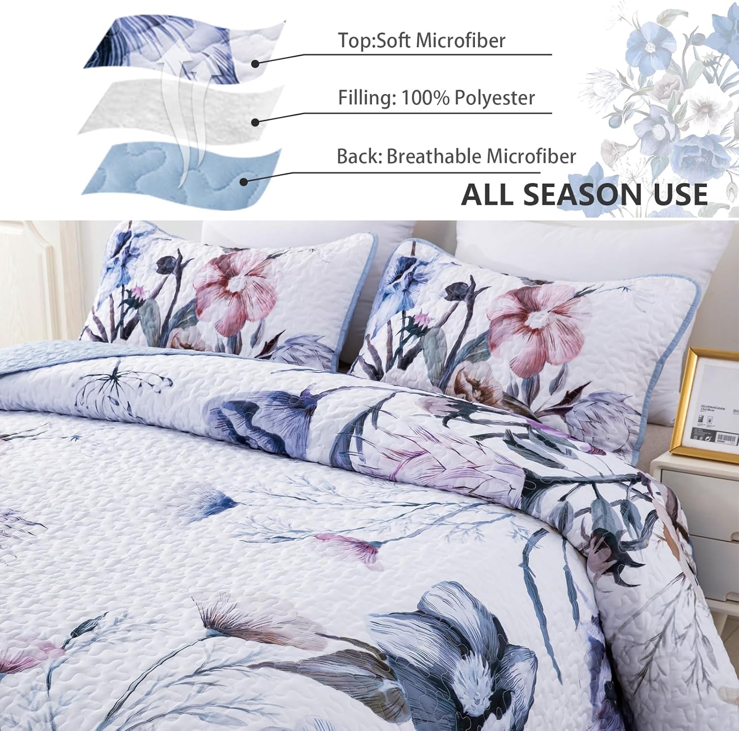 Floral Quilt Set Queen 3 Pieces Light Blue Floral Quilt Coverlet Set Soft Microfiber Lightweight Light Blue Quilted Bedspread for All Season 90"x96" - Image 5