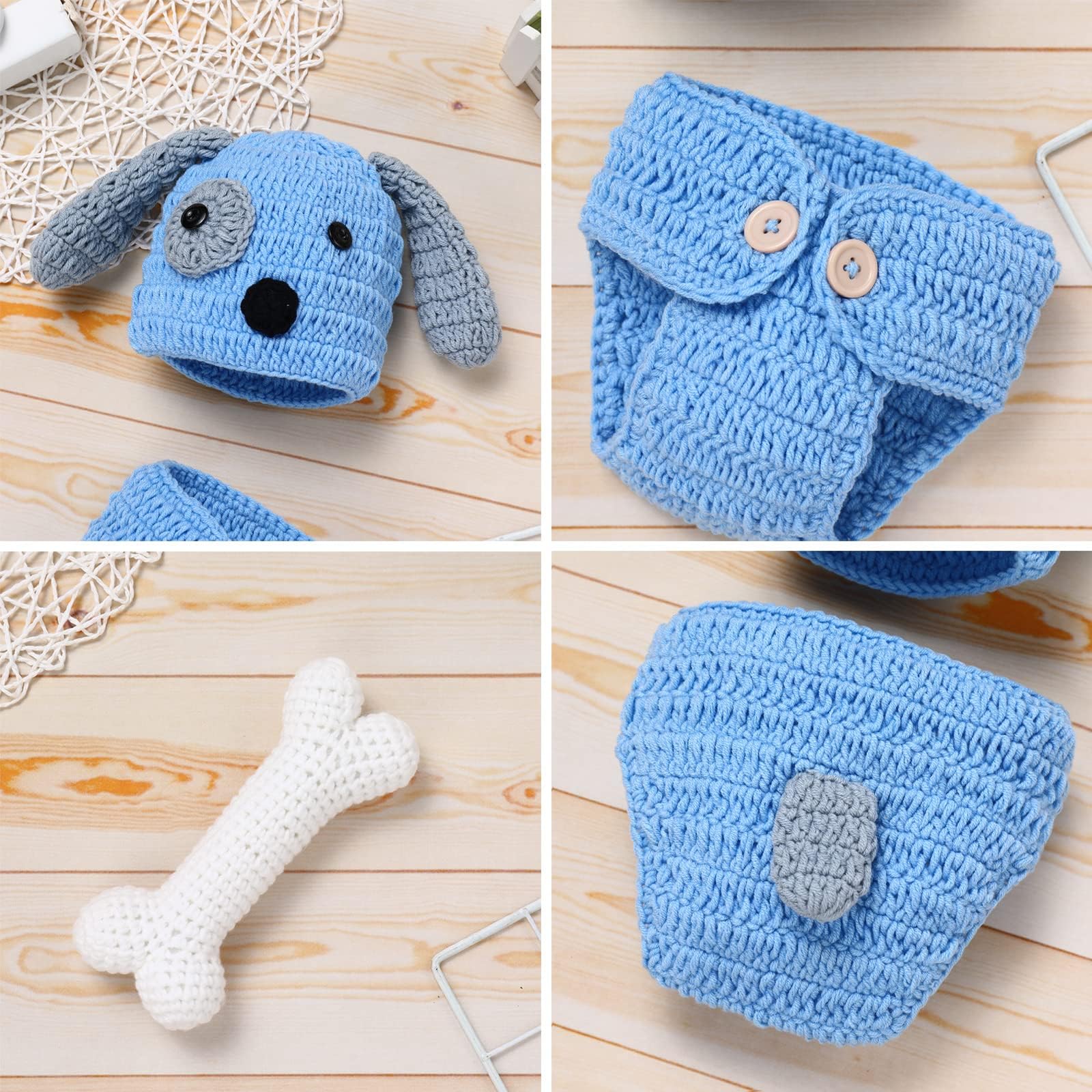 Set di 3 accessori per foto per neonati, all'uncinetto, a maglia, blu, con osso, per ragazzi e ragazze, fotografia (0-6 mesi)