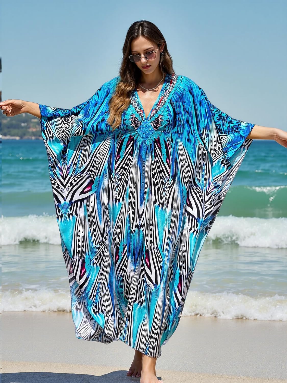 Kaftan Dresses for Women Plus Size Flowy Cover Up Batwing Sleeve Beach Dress Swimsuit Loungewear Lightweight Maxi - Image 5
