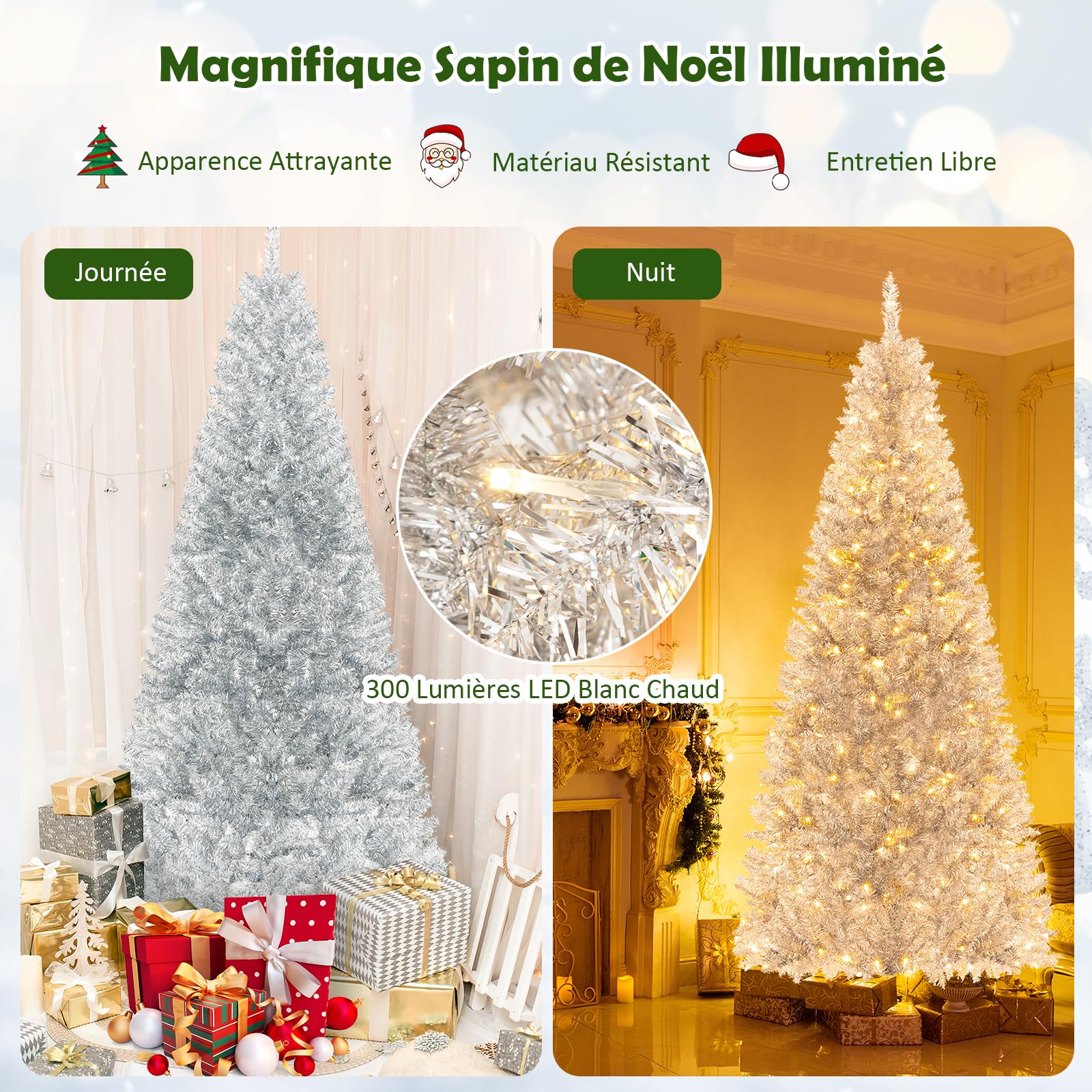 GYMAX Sapin de Noël Artificiel Lumineux 180 CM, avec 790 Branches & 300 Lumières LED Blanc Chaud & Support Pliable en Métal Pliable & Charnière, pour Bureau/Maison/Intérieur/Extérieur