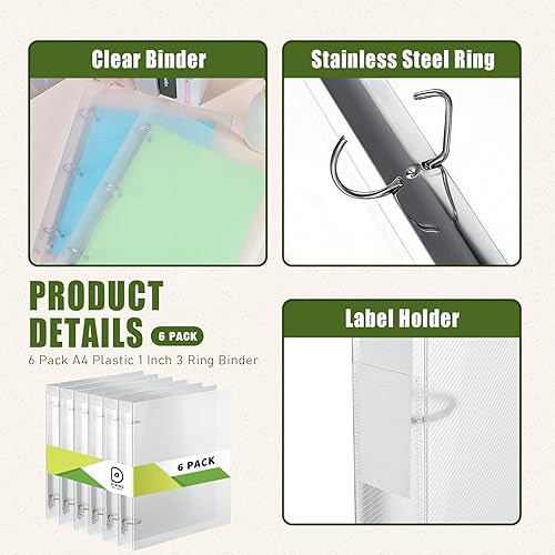 Miniatura 4 de Crtiin Paquete de 6 carpetas de plástico con 3 anillas transparentes con 3 agujeros, cierre de botón a presión, rellenable, con anillas DO,