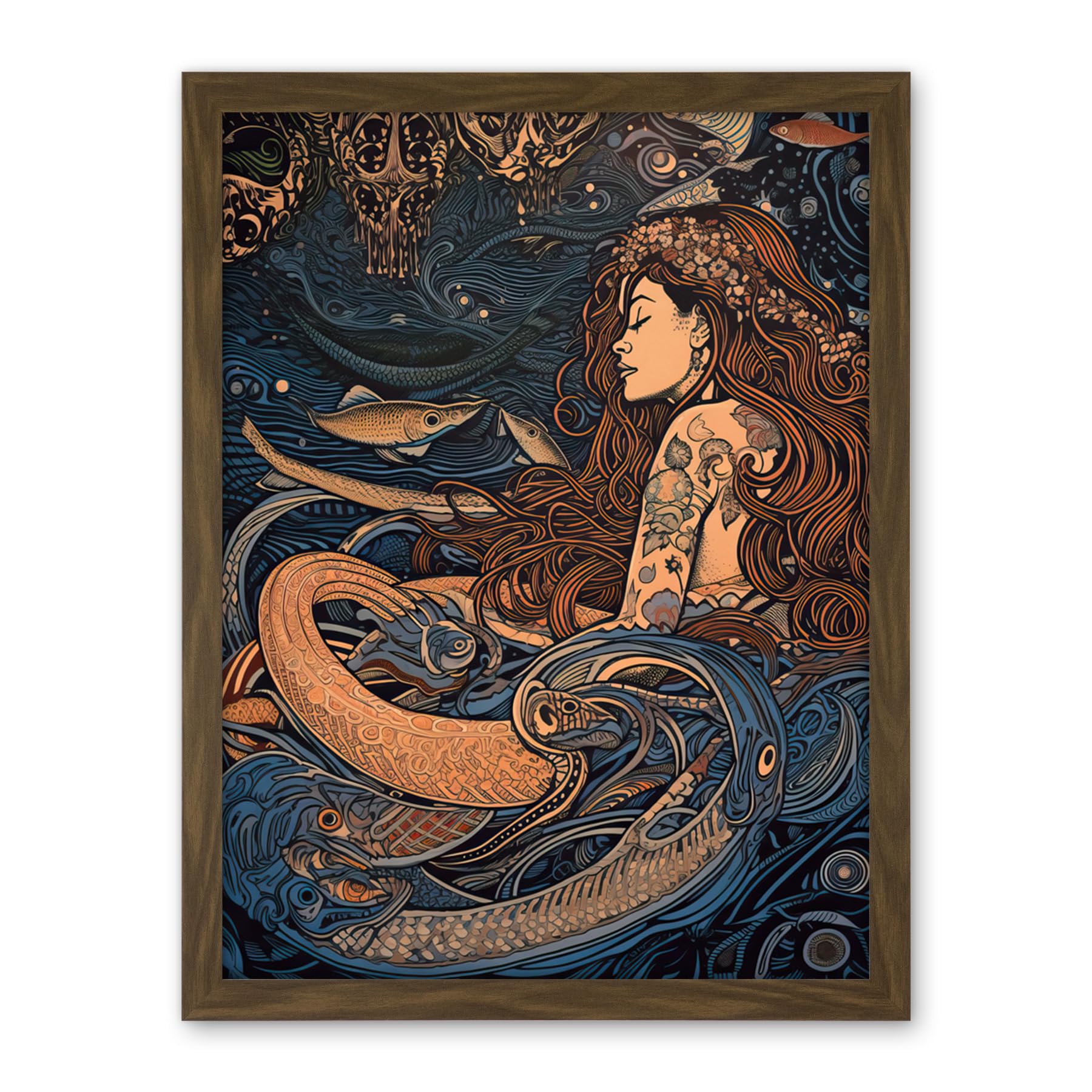 Artery8 Little Mermaid and Aquatic Animals Illustration Artwork Framed Wall Art Print 18X24 Inch