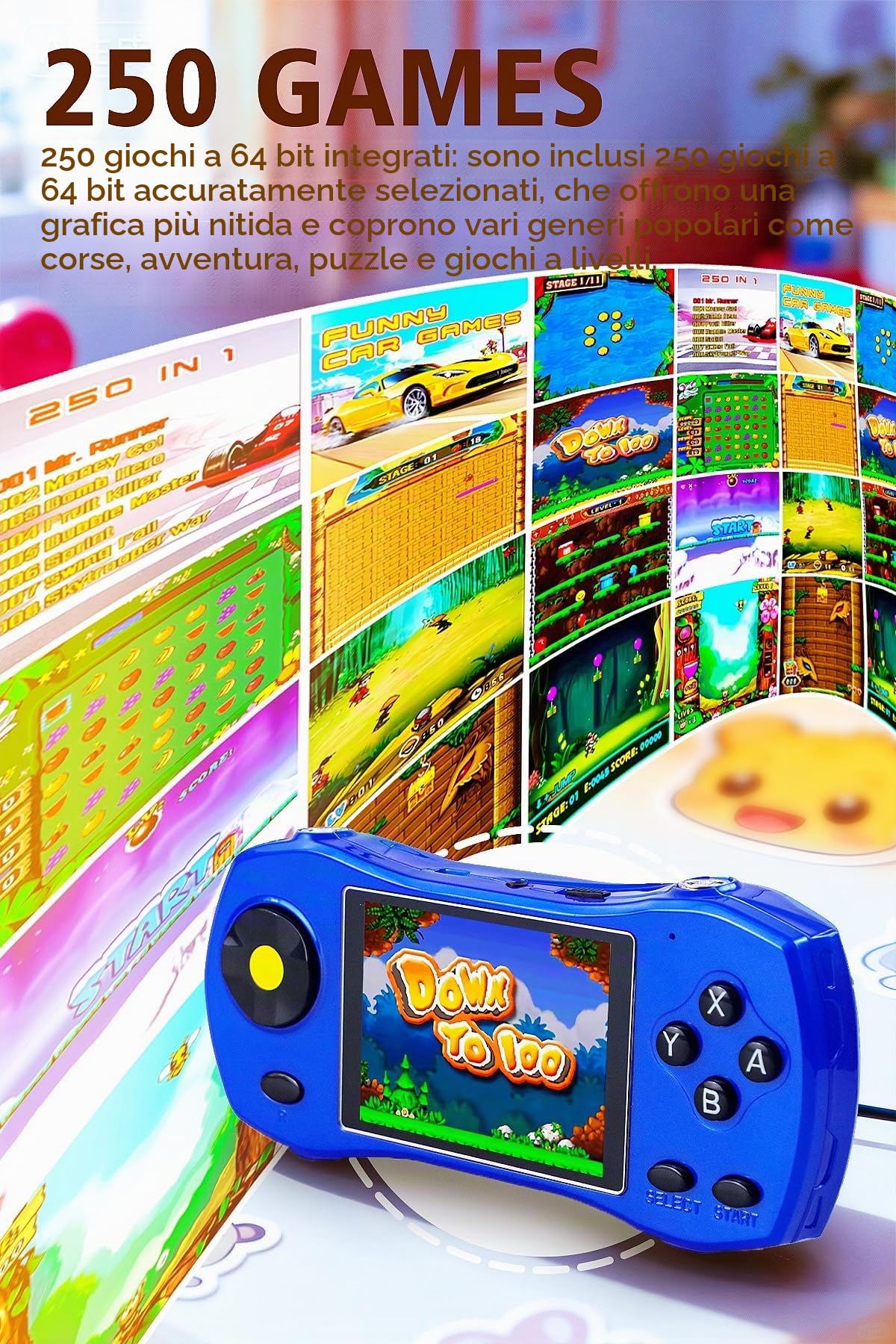 HLF Console di Gioco per Bambini 3 Pollici Design da Auto Sportiva 250 Giochi 64bit Collegabile alla TV Videogiochi Portatili Interni/Esterni/da Viaggio Regalo per Compleanno/Vacanze/Natale