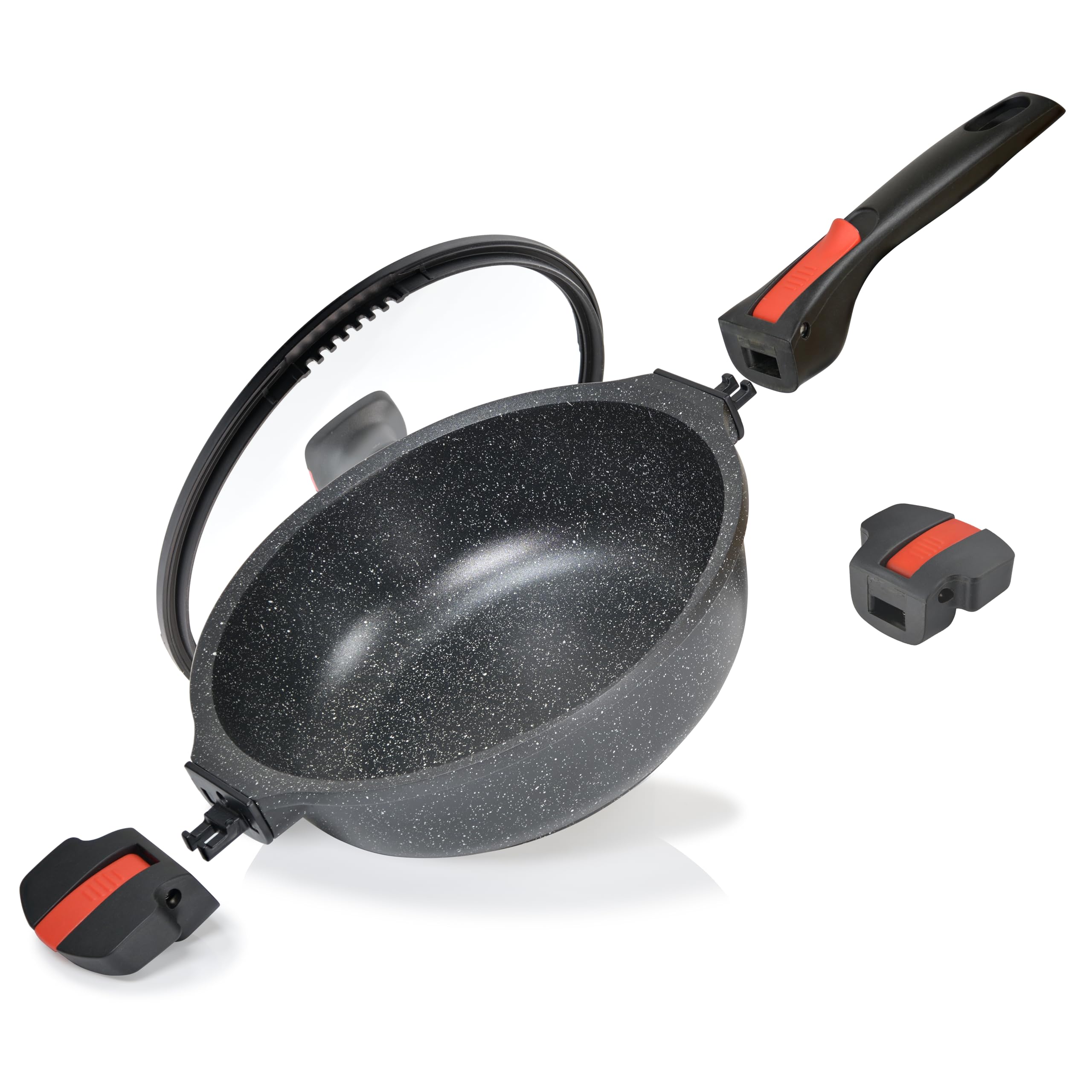 Linnuo Schmorpfanne Bratpfanne 24 cm hoher Rand, Aluguss Pfanne mit Deckel 24cm, abnehmbare Griffe, Antihaft beschichtete Pfanne Induktion, für alle Herden, backofengeeignet, Bratpfanne mit Deckel