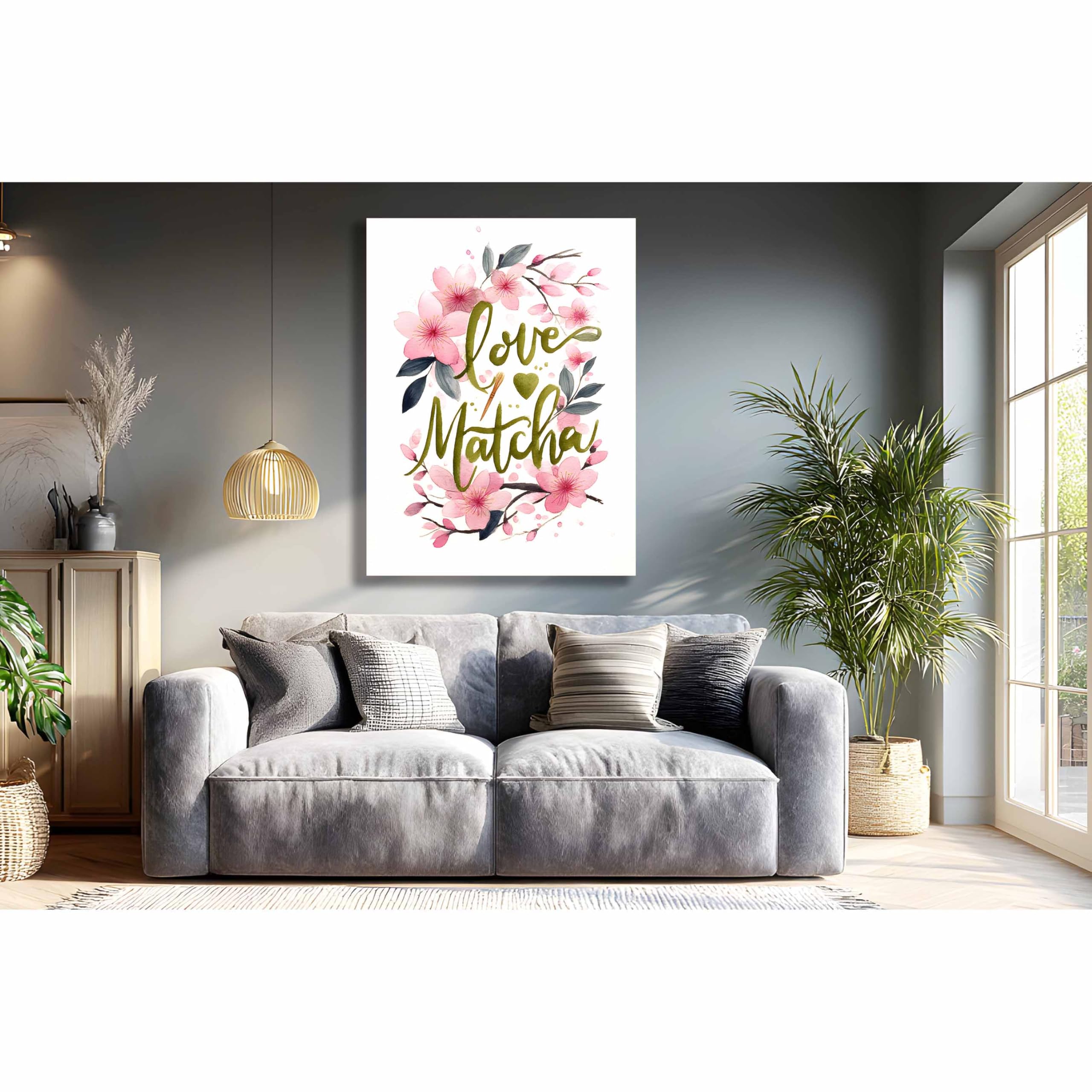 Kunstbruder Leinwand‑Kunstdruck Love & Matcha – Rosa Blüten mit Olivgrün, 70x100 cm in für moderne Wohnräume und Praxis, hochwertige Leinwand auf Holzrahmen