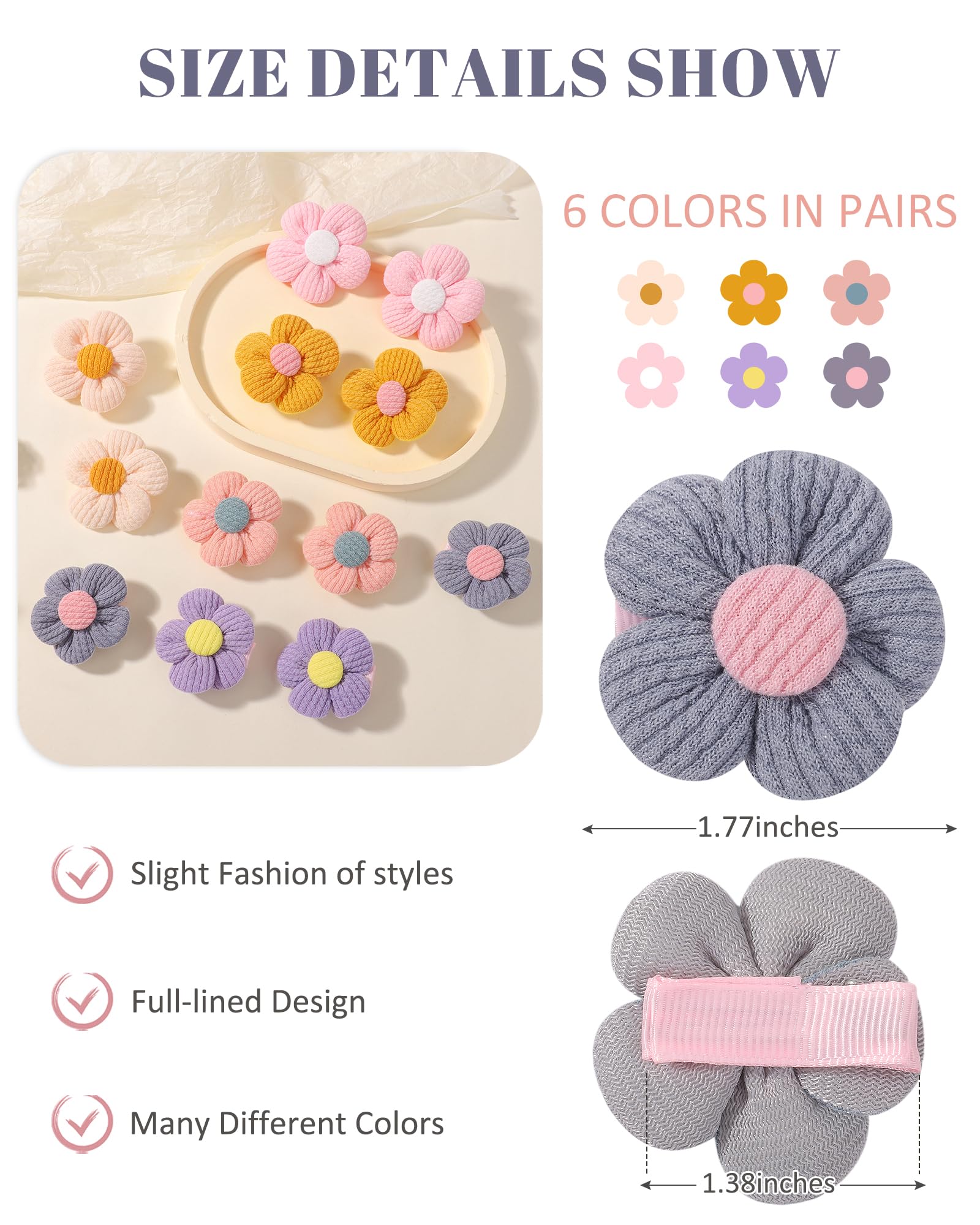 12Pcs Baby Hair Clips 1.77" Flower Girl Hair Clips Cute Non Slip Hair Snap Barrettes Thick Thin Floral Hair Accessories for Infant Toddler Kids Little Girl Light Color - Image 2