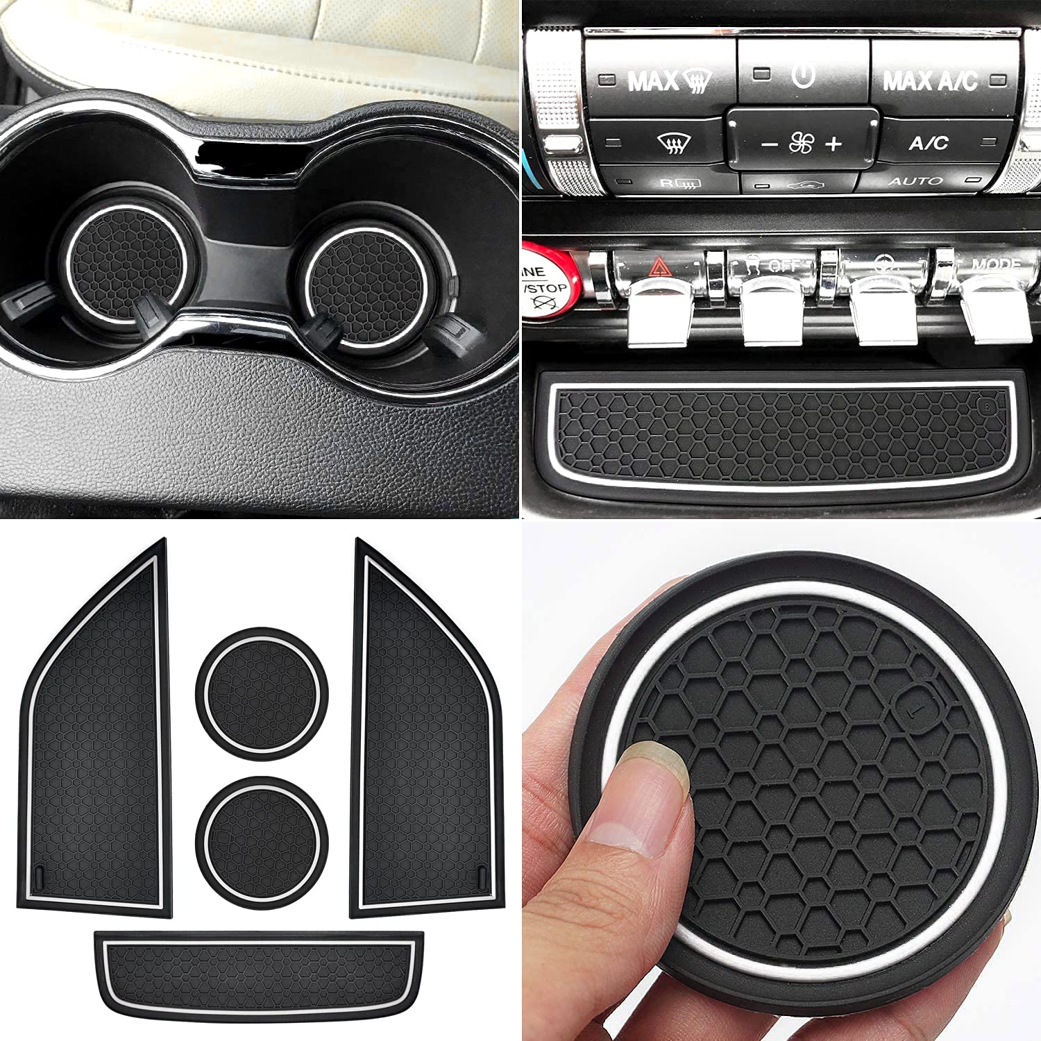 Auprite Non-Slip Anti-Dust Mats for Ford Mustang Accessories 2015-2022, Custom Fits Cup Holder Liners Mats Door Pocket Center Console Liners(White)