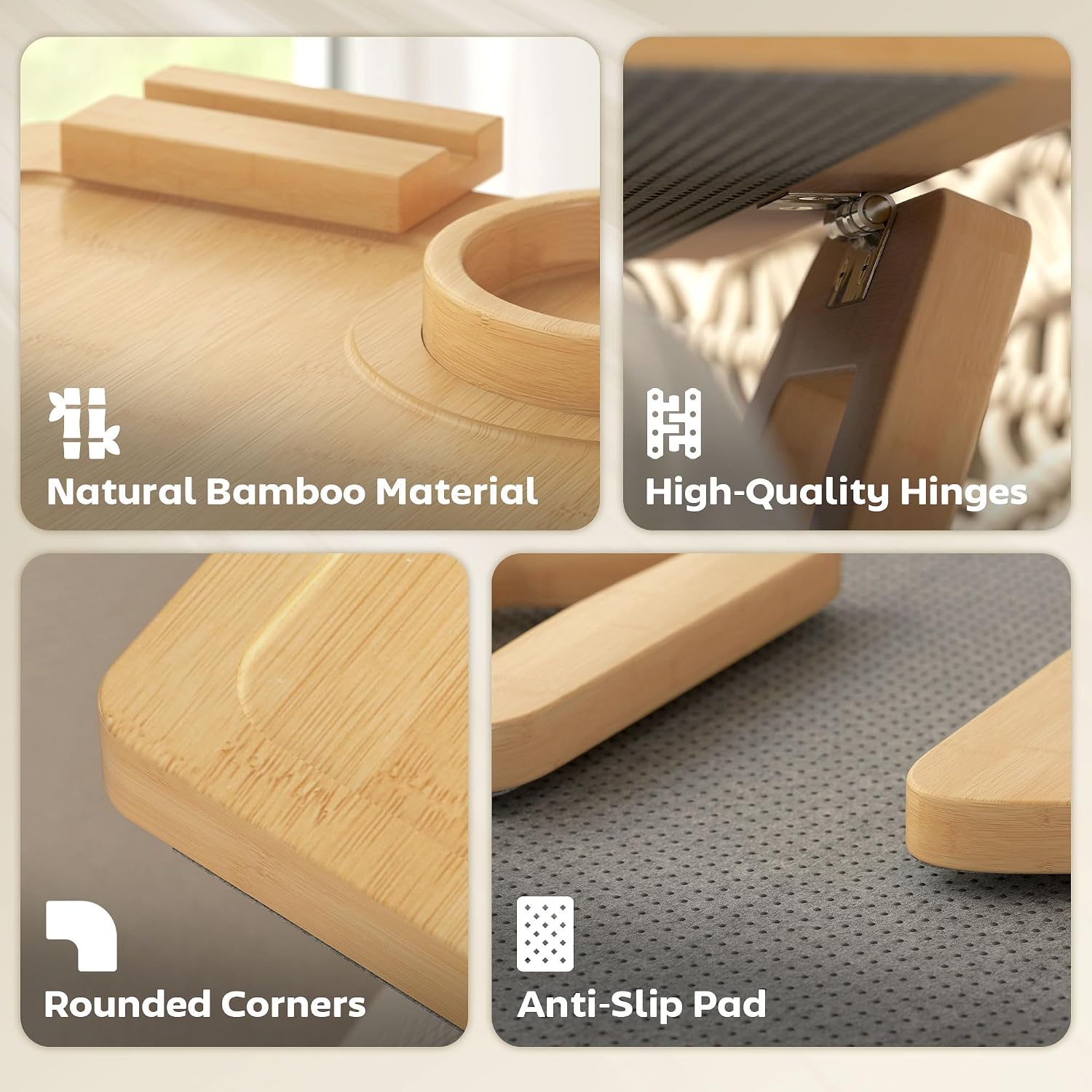 HOMCOM Couch Arm Tray, Bamboo Couch Arm Table Tray with 360° Phone Holder, Clip-On Side Table with Removable Cup Holder for Drinks and Snacks, Natural