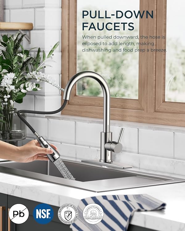 FORIOUS Kitchen Faucet with Pull Down Sprayer, Chrome, Bar High Arc Single Handle Traditional 3 Modes Stainless Steel Faucet for Kitchen Sink Farmhouse RV Laundry Camper by FORIOUS - Used condition - Image 2