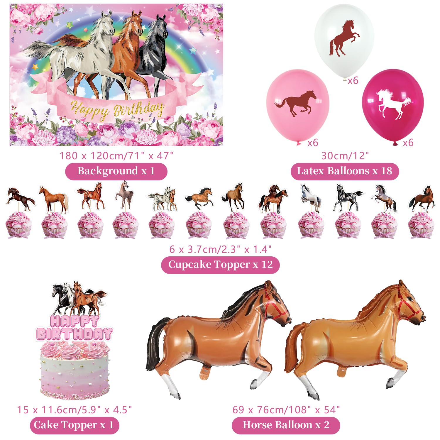 Horse Birthday Party Decorations Set - Backdrop, Tablecloth & Cake Toppers