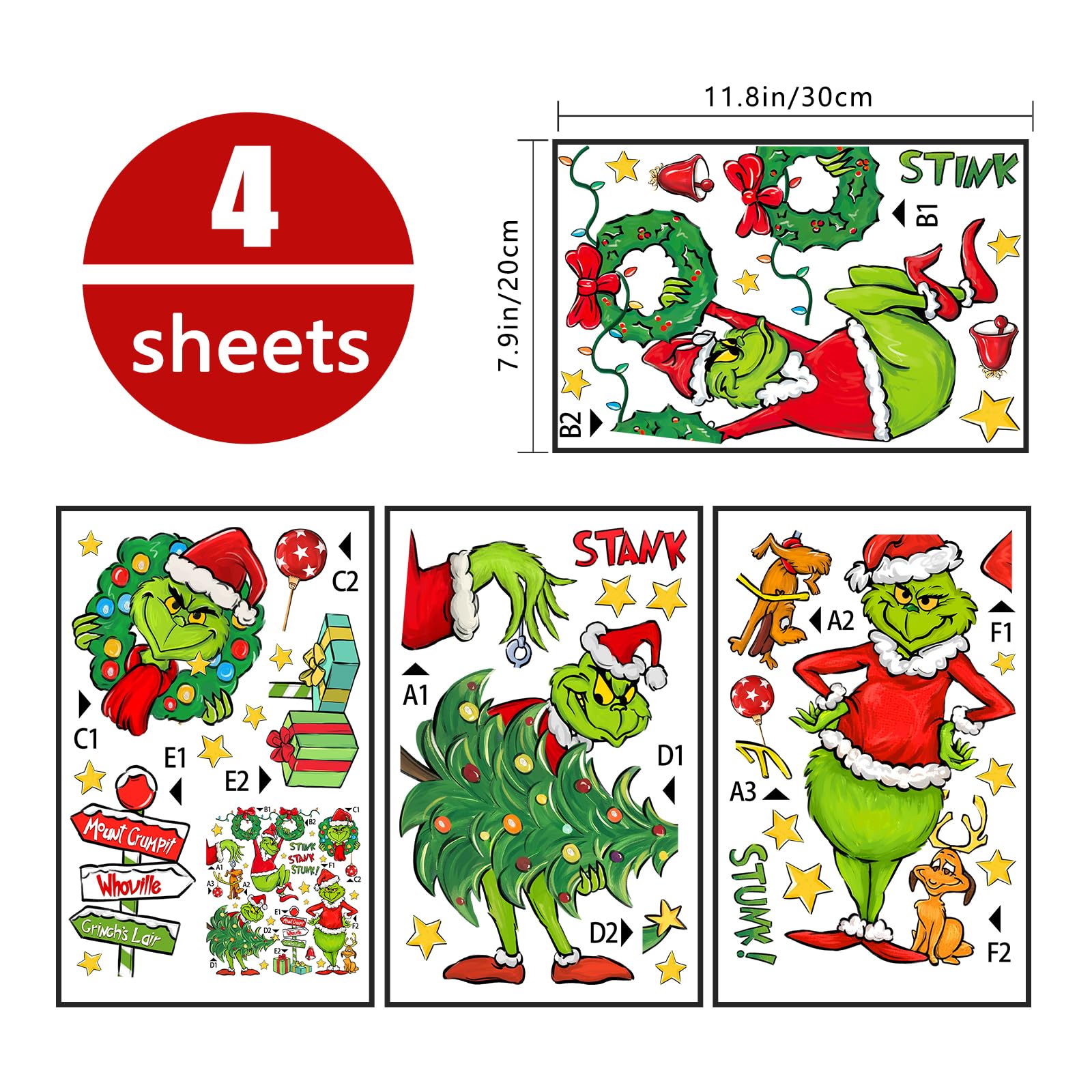 Yovkky Merry Christmas G r in. Ch Window Clings, Xmas Tree Max Dog Wreath Sign 2025 New Year Green Red Stickers Decals Decor, Stink Stank Stunk Funny Winter Holiday Home Kitchen Decorations