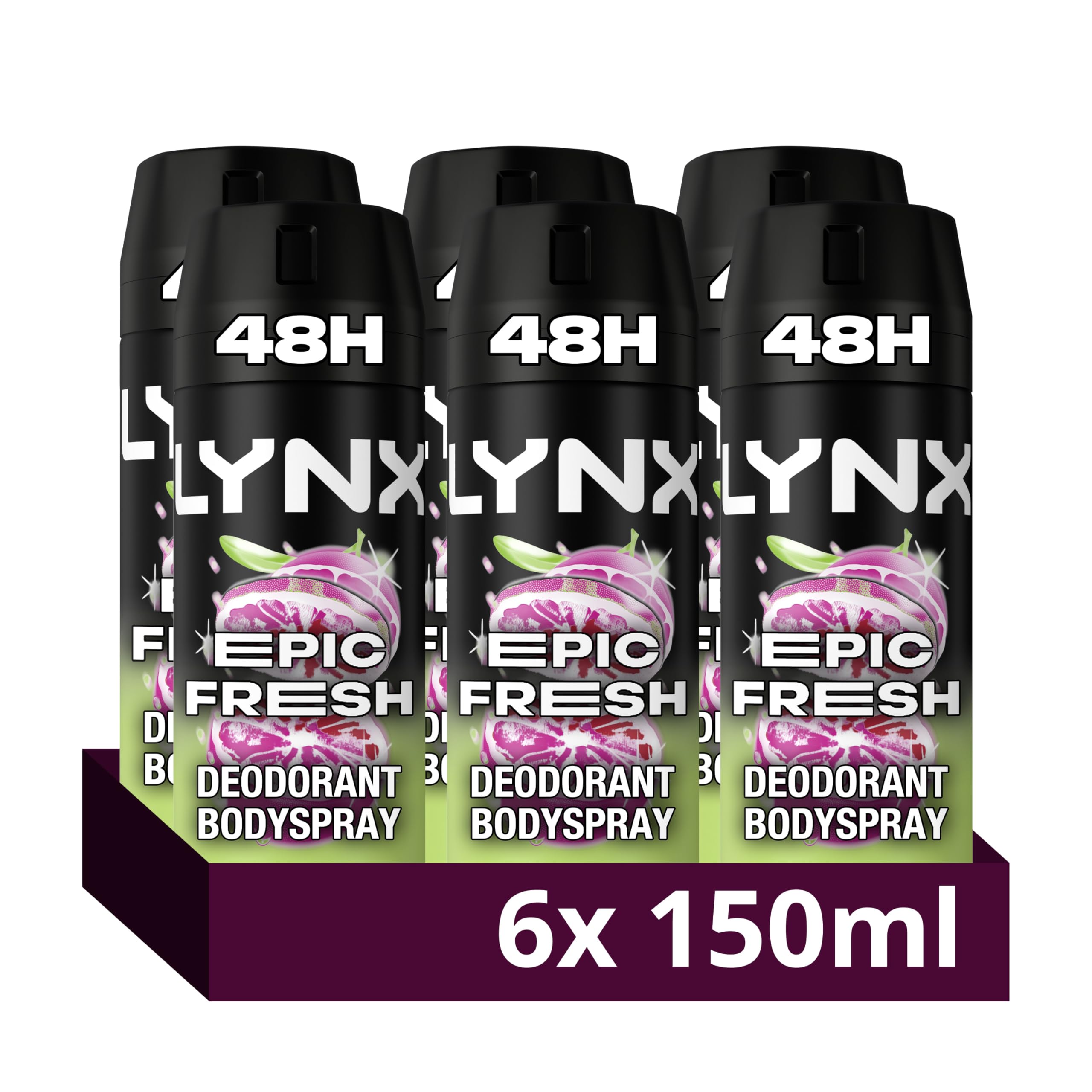 Lynx Men Epic Fresh grapefruit & tropical pineapple scent Deodorant Body Spray for 48 hours high definition fragrance 150 ml, Pack of 6
