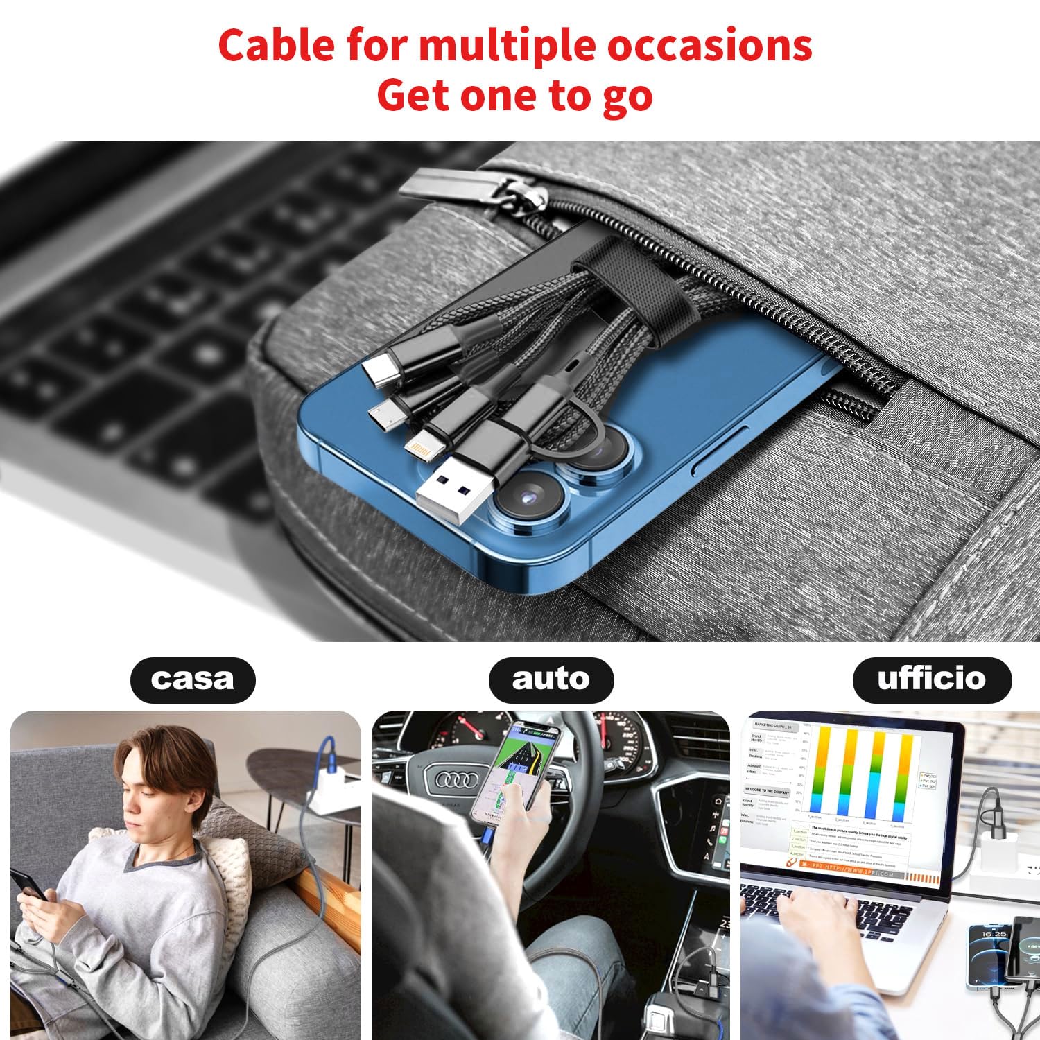 tigratigro Multi Cavo di Ricarica, 3 in 1 Multiplo Cavetto [1.2M] Multiplo Cavetto con 3 Cavo Nylon USB Tipo C, con Adattatore USB C Femmina a USB Maschio