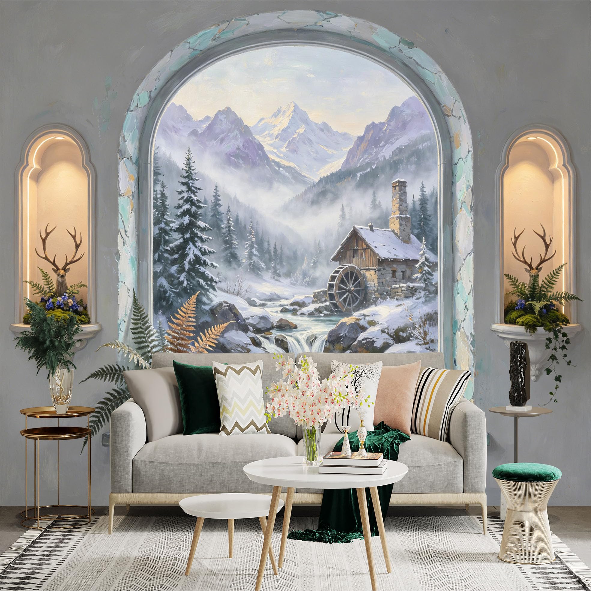 Custom Size Wall Sticker Mural， Snowy Mountain Cabin with Watermill， Pine Trees and Misty River， for wall Decoration， peelandstick wall Decals.