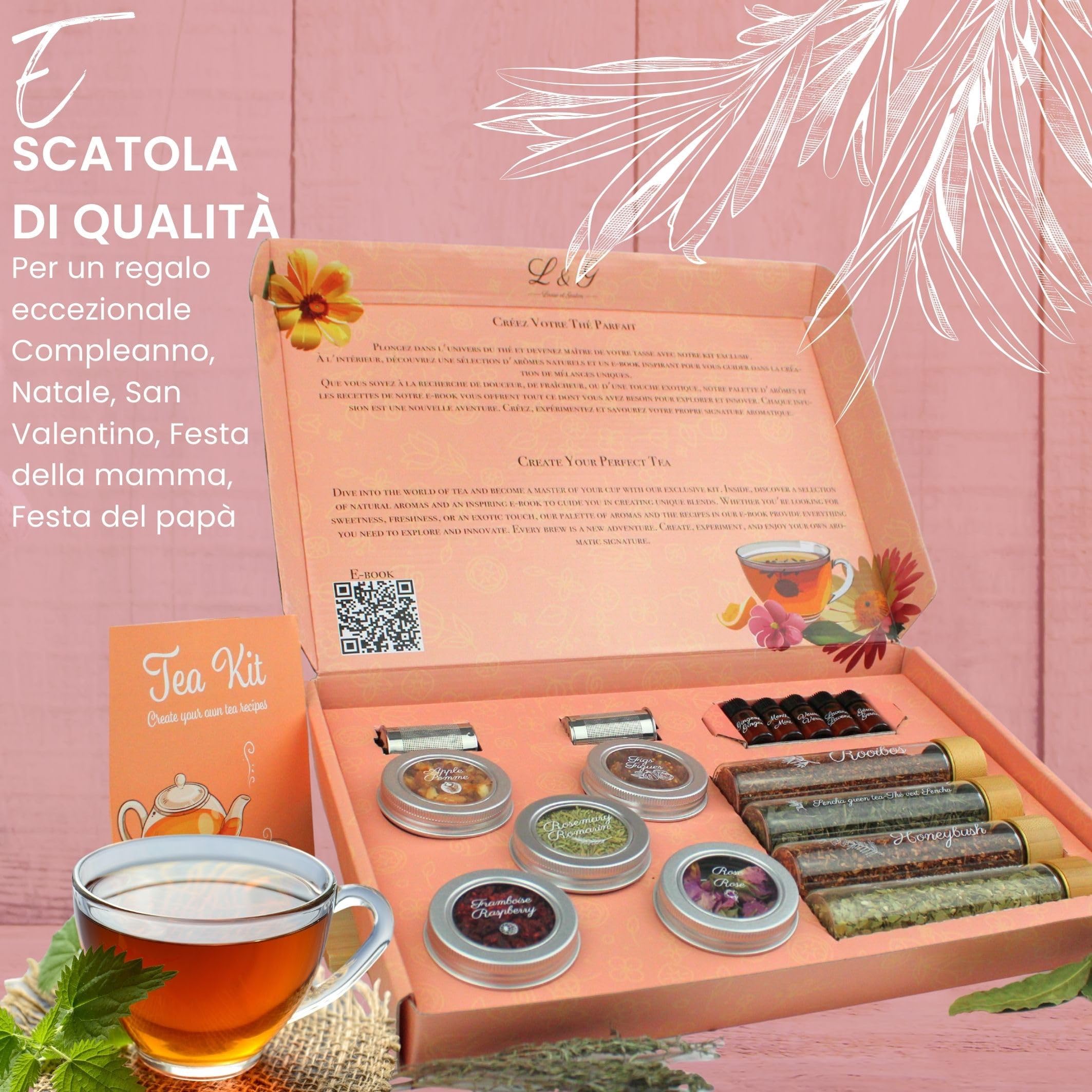L&G® - Set tè per la preparazione e degustazione - Honeybush, Rooibos, Sancha Green, Maté - Infusori inclusi - Regalo DIY Natale, compleanno - Made in France - Ingredienti e accessori di qualità