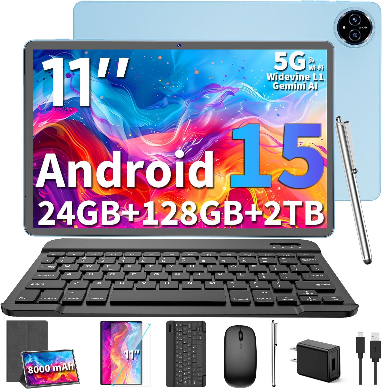 2026 Upgraded Android 15 Tablet, 11 inch Tablets with Keyboard, 24GB+128GB+2TB Expand, Octa-Core, 8000mAh, Gemini AI, 5G/2.4G WiFi, BT5.0, GMS, GPS, 2 in 1 Tablets with Case, Mouse, Stylus(Silver)