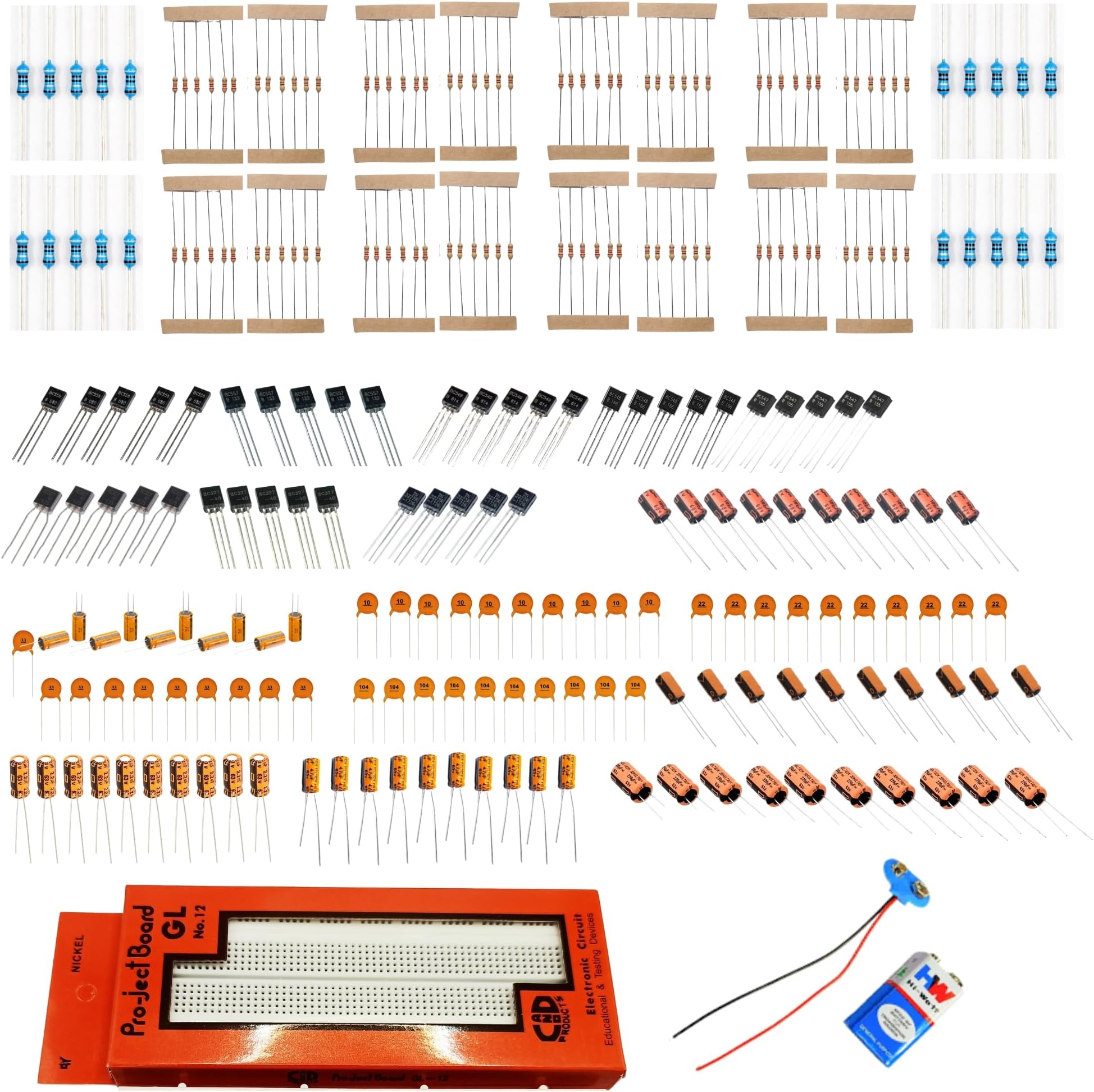 340+ Electronic components kit - For DIY Projects - small prototyping projects - science projects | Resistors, Capacitors & Transistors kit (With Breadboard, 9v battery & snap)