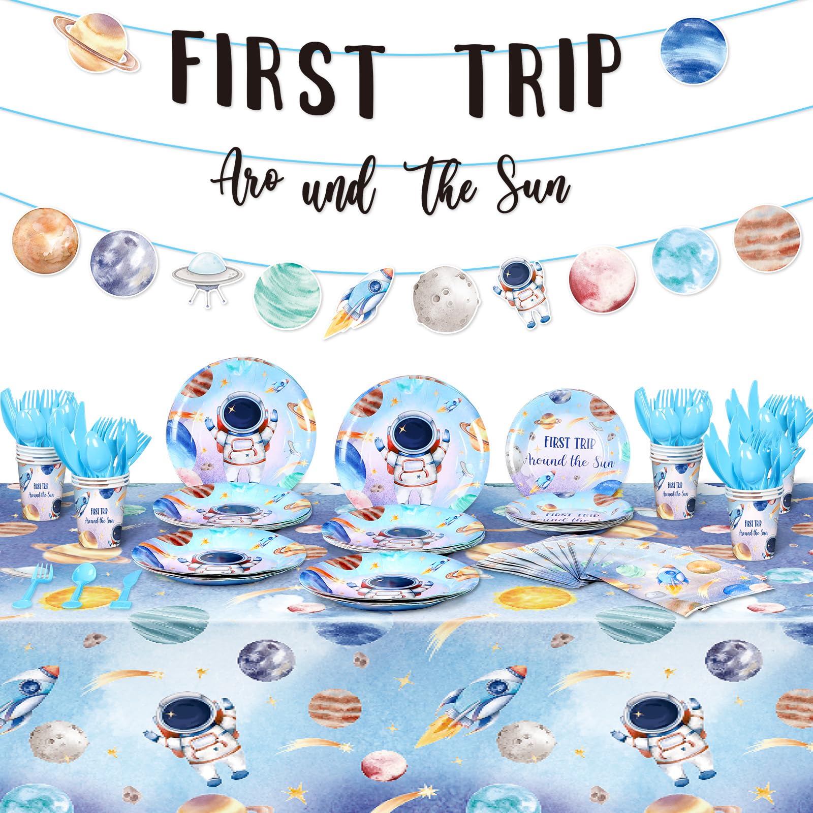 Pasimy 175 Pcs First Trip Around the Sun Birthday Party Supplies Outer Space 1st Birthday Decorations Plates Banner Napkins Tablecloth Solar System
