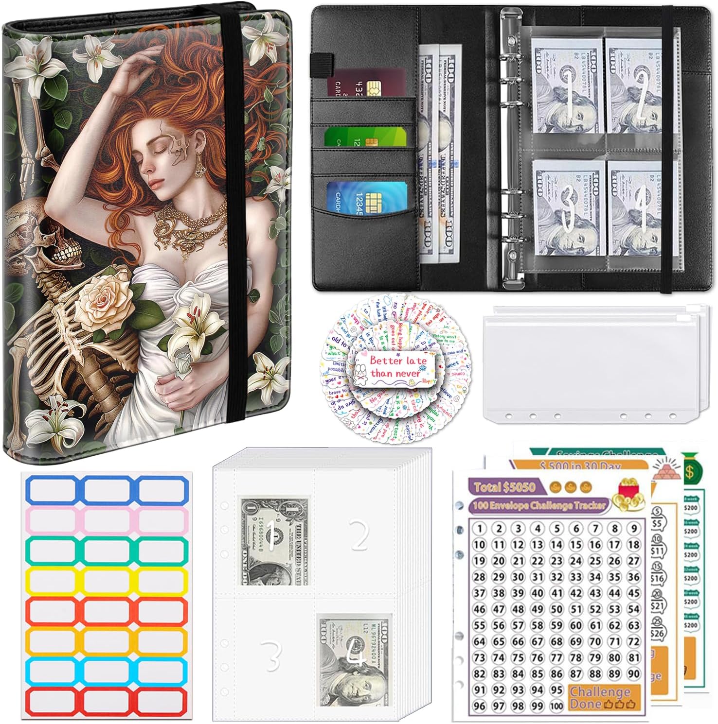 100 Envelopes Money Saving Challenge A5 Money Saving Binder with Cash Envelopes，Budget Binder Savings Challenge Book for 100 Day to Save $5,050 for Budgeting Planner, Beauty and Skeleton