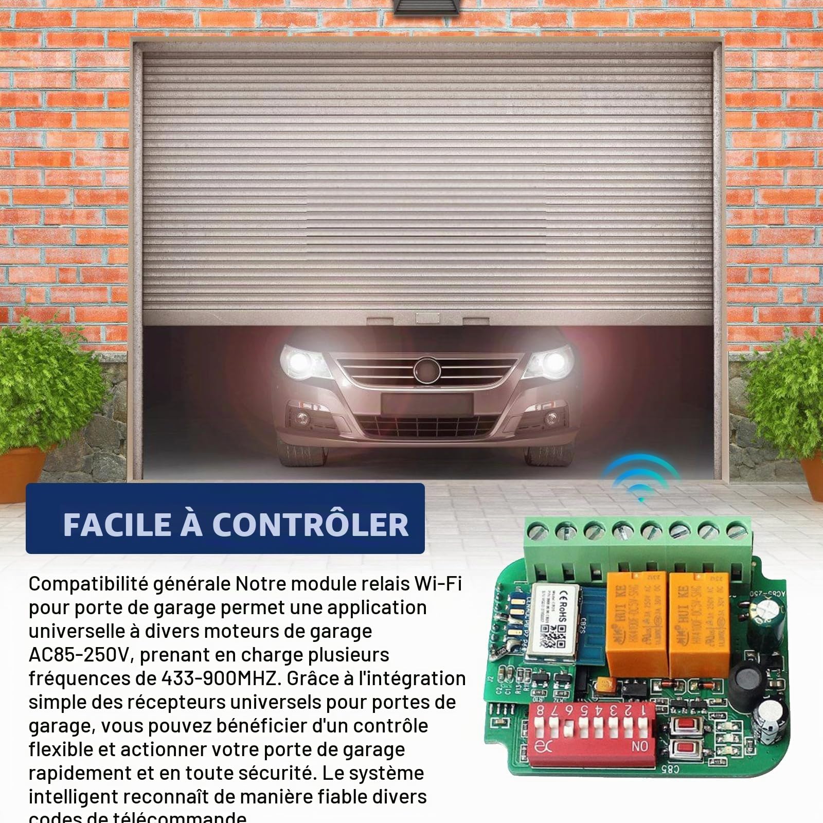 GOMETY Récepteur universel de porte de garage 85-250 V, fréquence 433-900 MHz, module relais de porte de garage, récepteur universel pour 45 télécommandes de porte de garage, connecteur WiFi 2,4 GHz