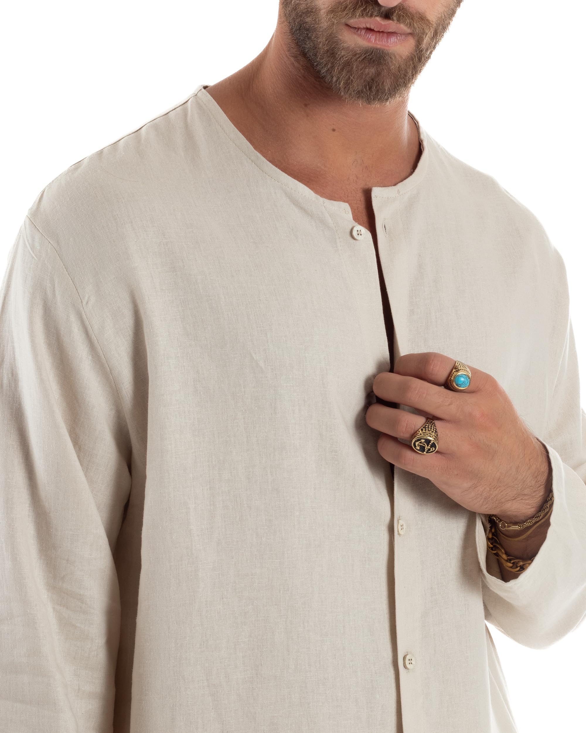 Camicia Uomo Casacca Lino Relaxed Fit Maniche Lunghe Casual Fresca Leggera Collo Serafino Tinta Unita Vari Colori
