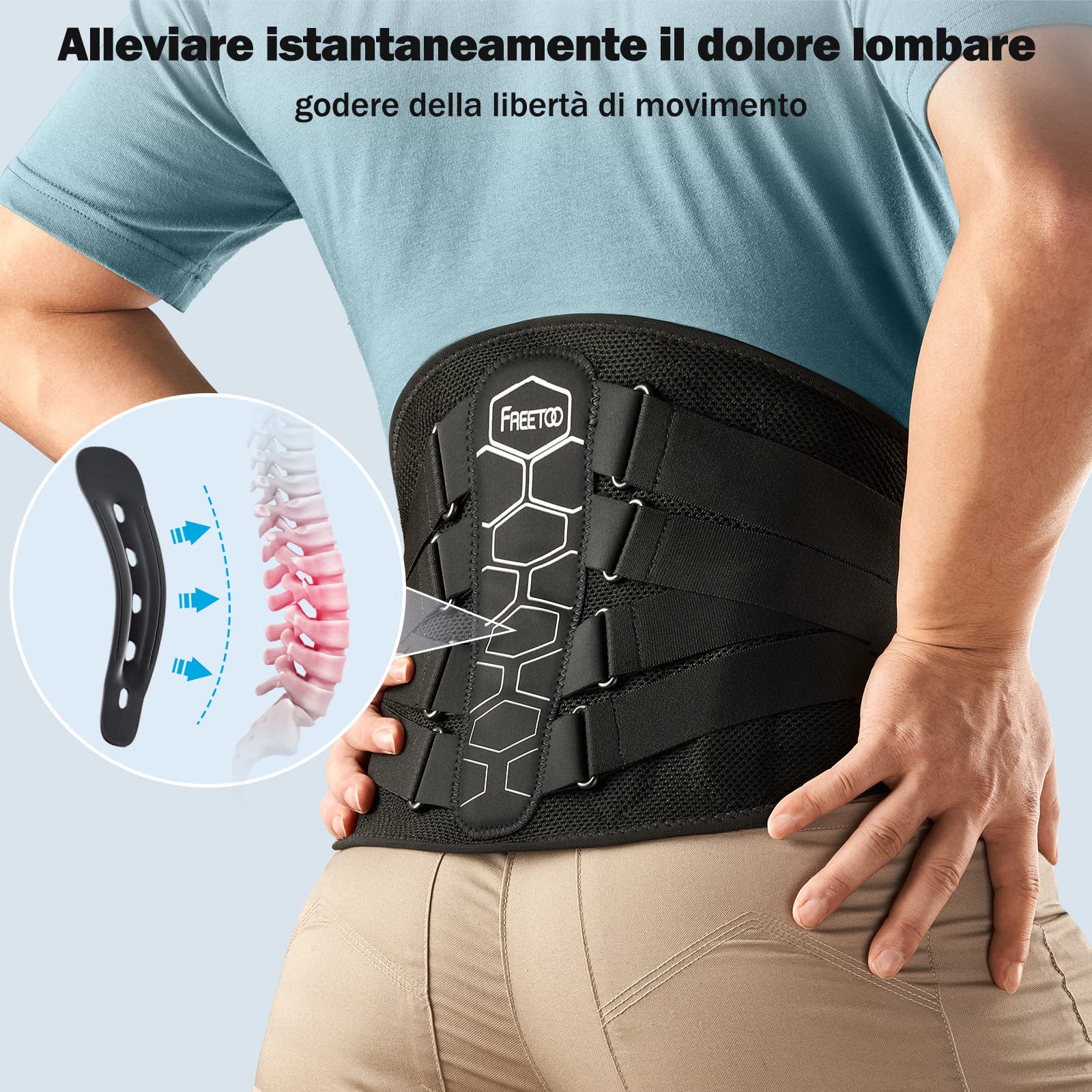 FREETOO Fascia Lombare Supporto Schiena per Uomini e Donne Ortopedico, Busto per Alleviare la Sciatica design ergonomico per lenire la muscolatura (L)