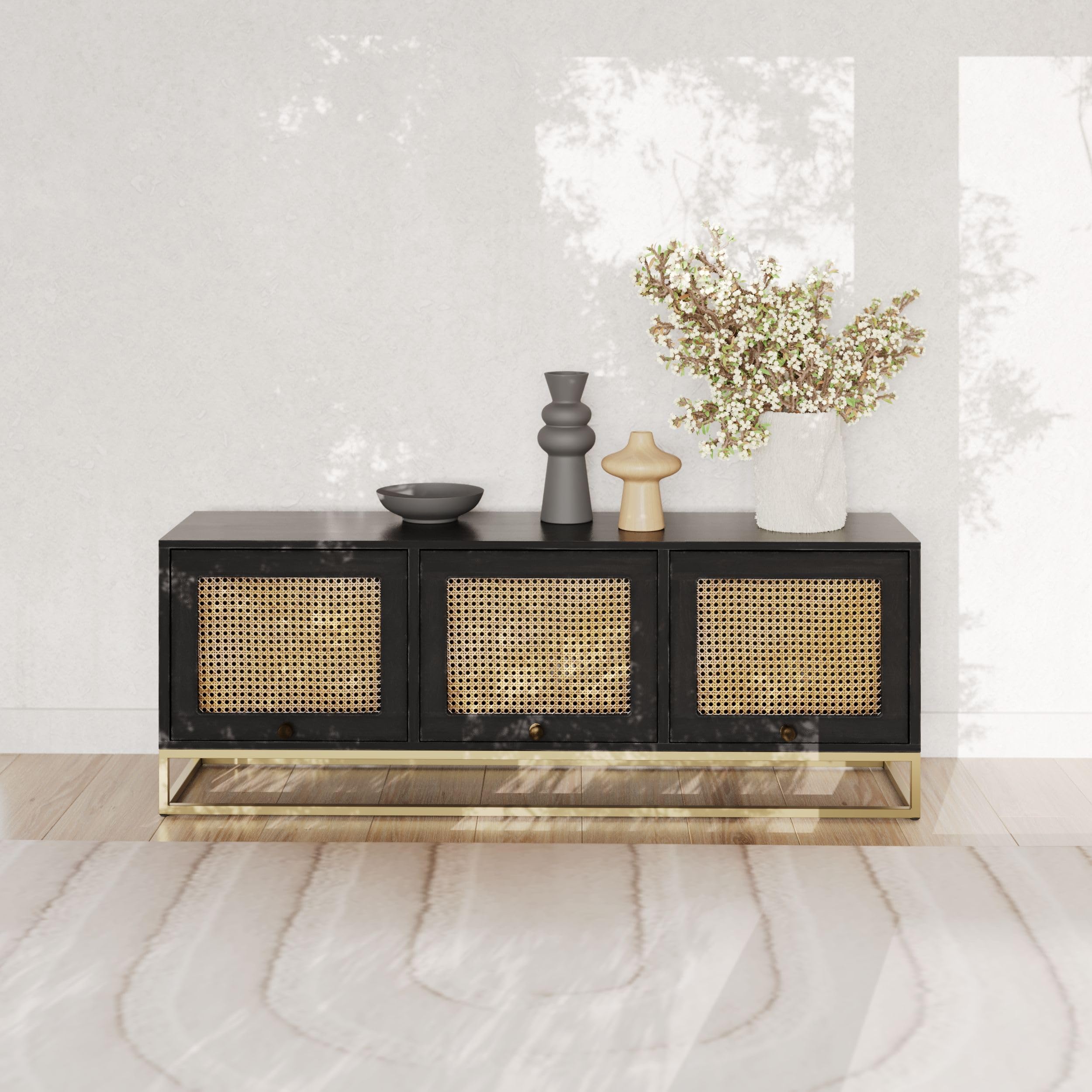 Wooden TV Entertainment Unit 140x33x52 cm | Black Wash Finish with Natural Cane Webbing Cabinet | Brass Antique Knobs, Solid Wood Build | Living Room Furniture-image-2
