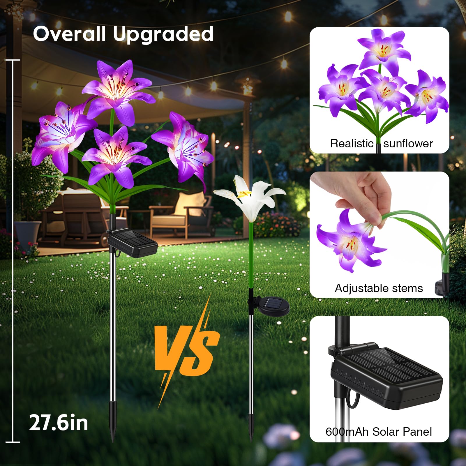 Paquete de 6 luces solares de jardín, luces solares impermeables para exteriores con flores solares de lirio, luces solares para decoración de jardín exterior, luces solares para patio y patio, luces