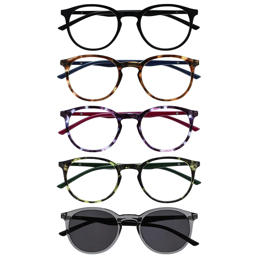 OPULIZE Met 5 Pacco Occhiali Da Lettura Con Lettore Sole Giro Nero Marrone Porpora Verde Grigio Uomo Donna RRRRS60-12567 +0,00