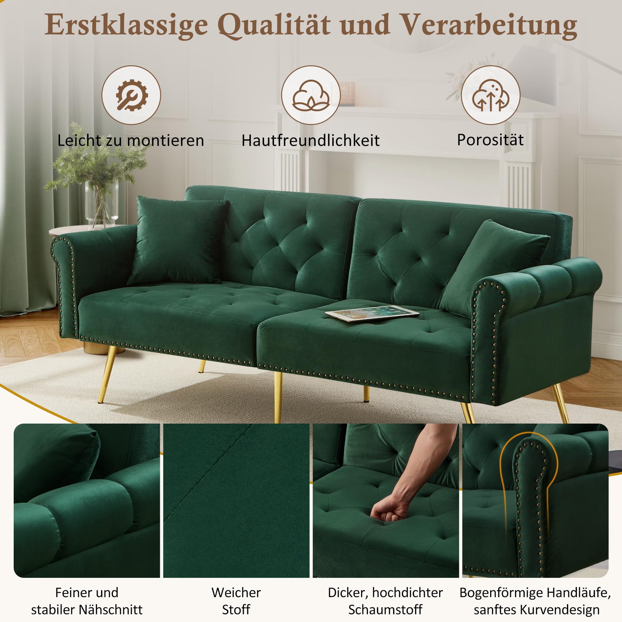 Tapicerowana nowoczesna sofa do spania, oparcie z 3-stopniową regulacją i pozłacanymi metalowymi nóżkami z funkcją spania, gąbka, do małych pomieszczeń (antyczna zieleń)