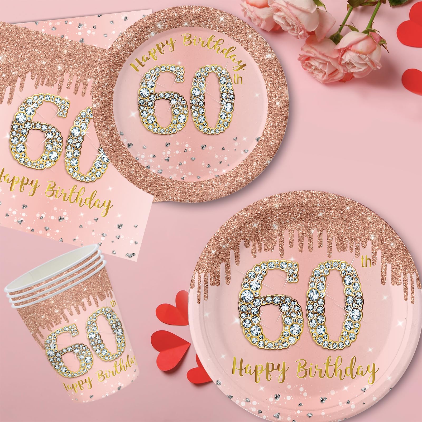 Set di Stoviglie per Compleanno 60 Anni 70 Pezzi, Piatti di Carta Oro Rosa, Bicchieri, Tovaglioli, Bandiere di Carta, Decorazione da Tavola per Compleanno 60 Anni per Uomo Donna