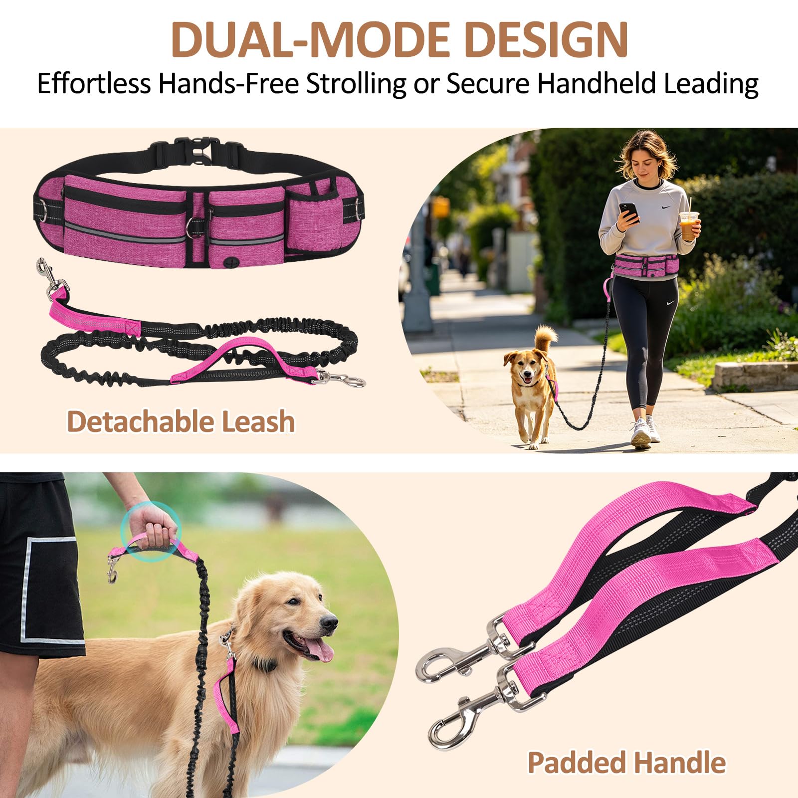 Riñonera Paseo Perro con Correa Manos Libres Elástica, Cinturón Ajustable con Bolsillo, Correa Elástica Desmontable 1.5-2.2m, Cinturón Ajustable y Costuras Reflectantes, Rojo Rosado
