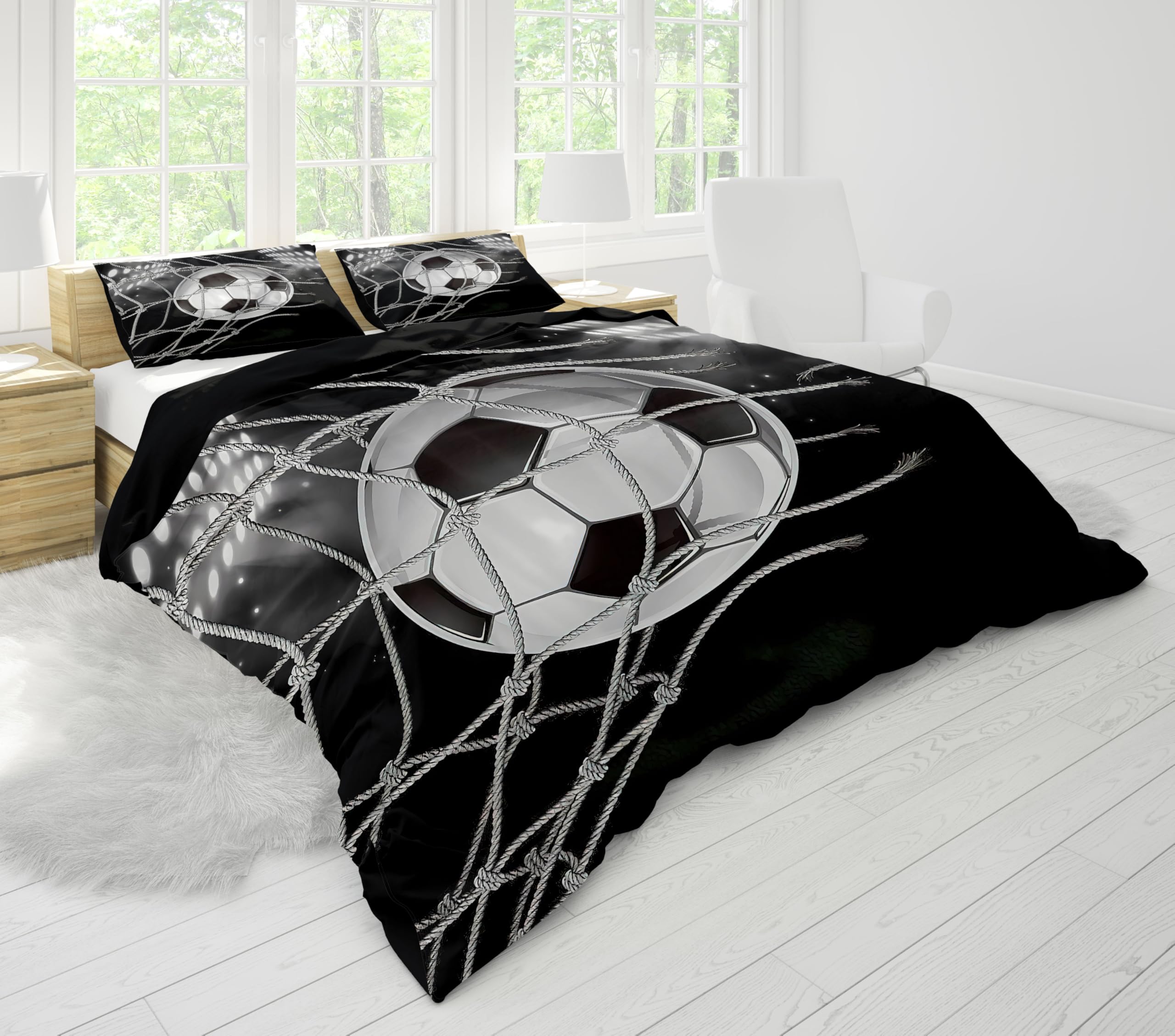 Juego de Cama de fútbol 220x240cm, Funda nórdica de Microfibra con Motivos de fútbol, con Cremallera y 2 Fundas de Almohada de 50x75 cm, para la decoración del Dormitorio (A, 220x240cm)