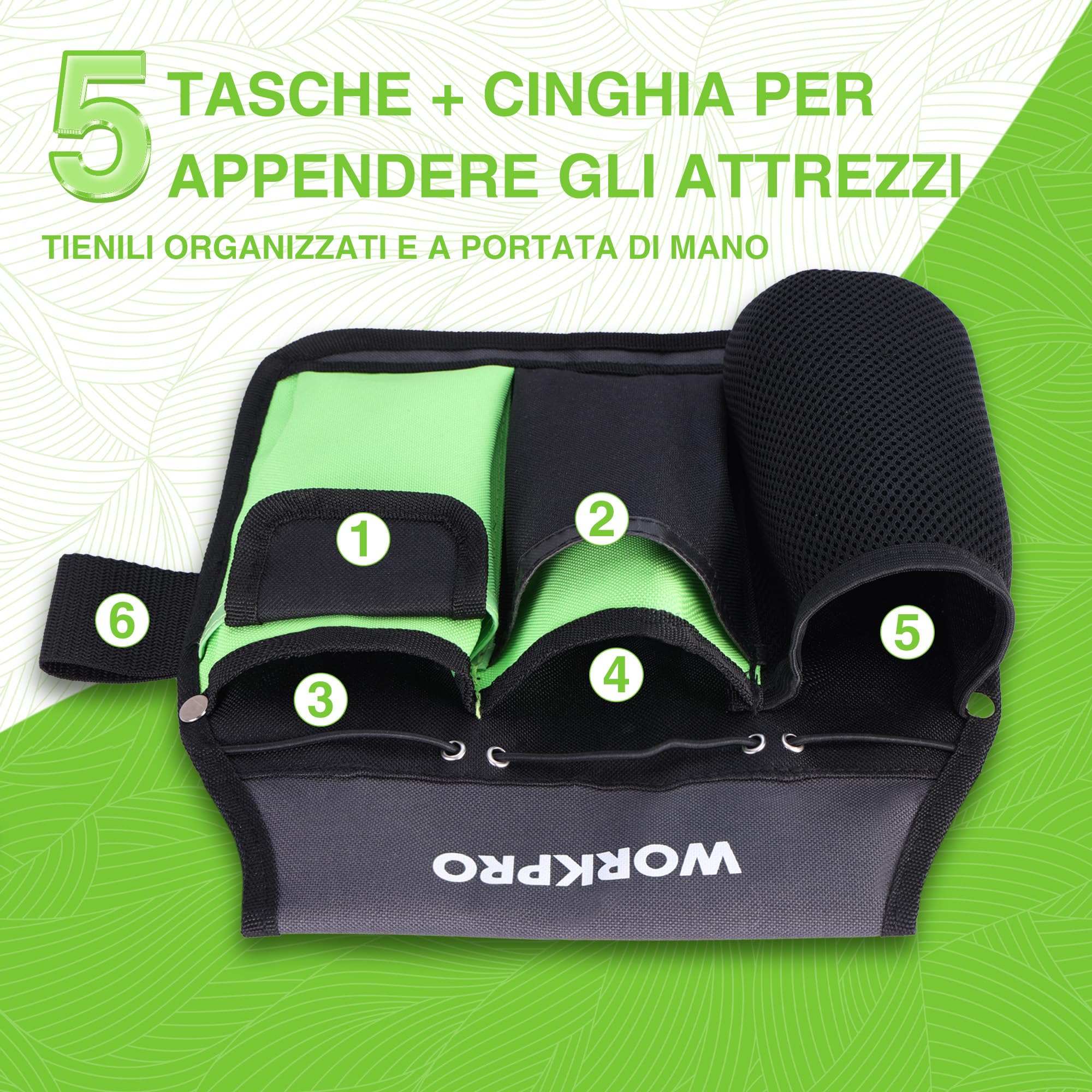 WORKPRO Cintura da Giardinaggio, Borsa Attrezzi da Giardino con 5 Tasche e Cintura Regolabile, Borsa da Giardinaggio per Donne e uomini, Ottimi Regali da Giardinaggio per Falegnami e Giardinieri