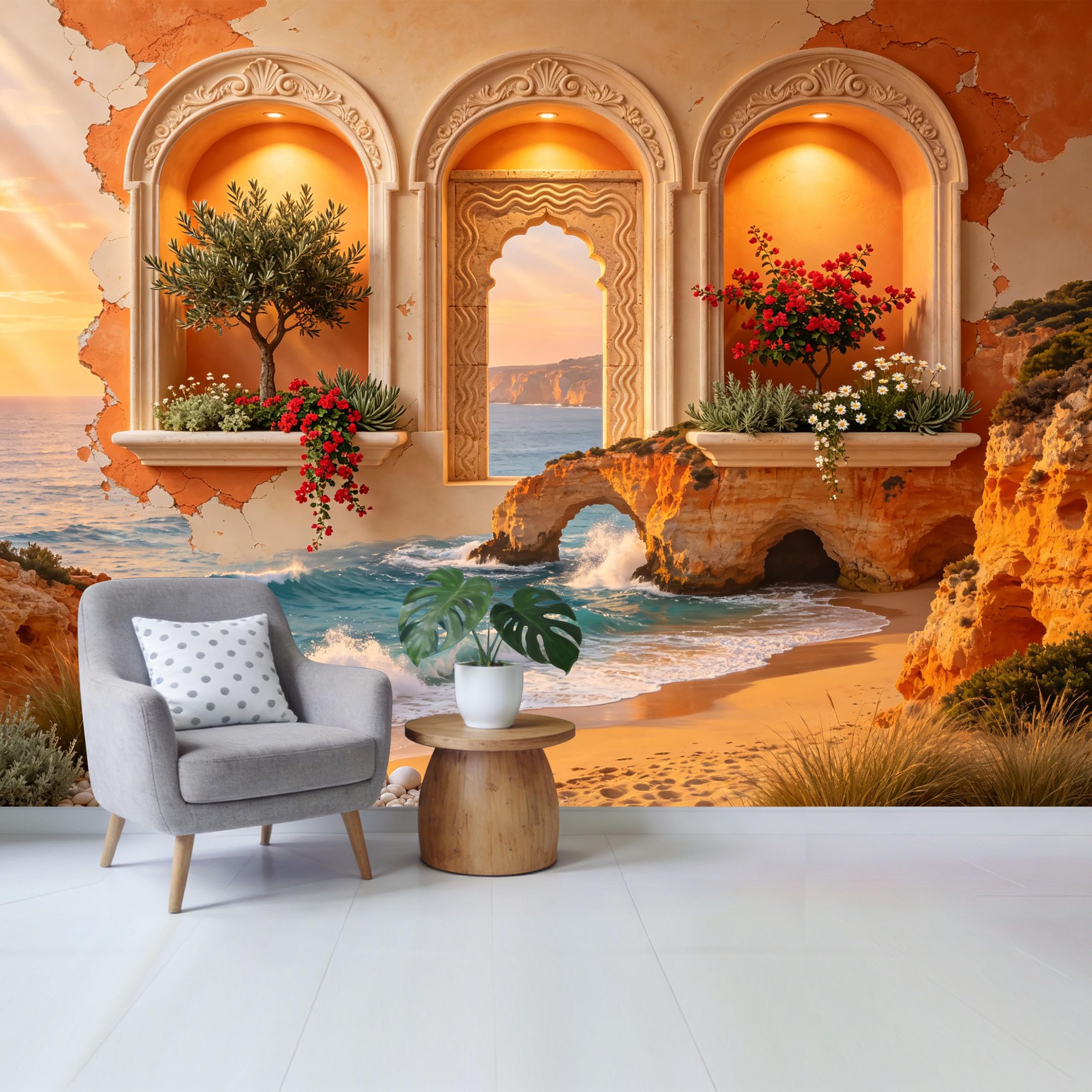 Removable Self Adhesive Fabric Mural， Mediterranean Coastal Sunset Archway Custom Size Wall Covering， UV Protected Waterproof Washable Wall Decor for Living Room Bedroom Bathroom